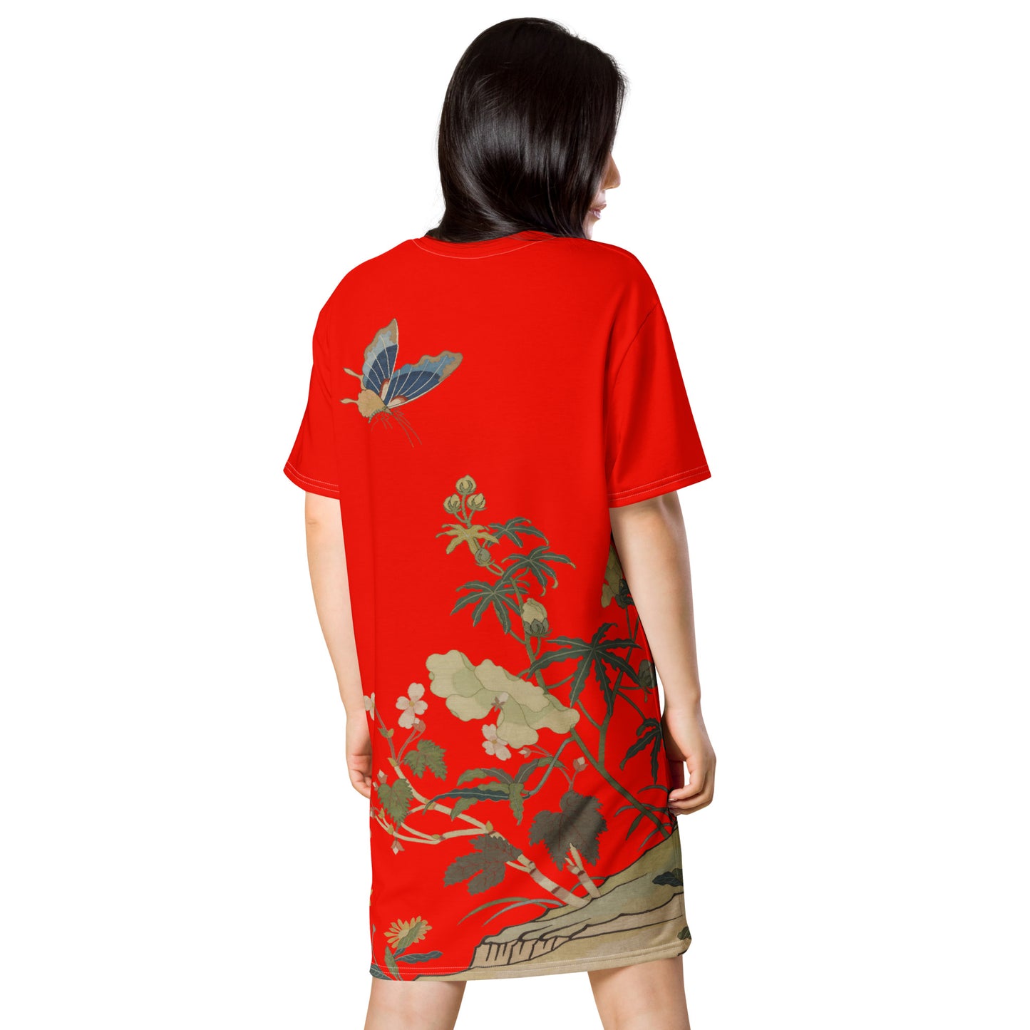 タペストリーの花|ハイビスカスとベゴニアの花|Tシャツドレス|Garnet red