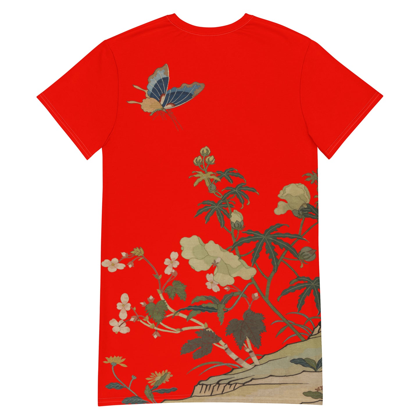 タペストリーの花|ハイビスカスとベゴニアの花|Tシャツドレス|Garnet red