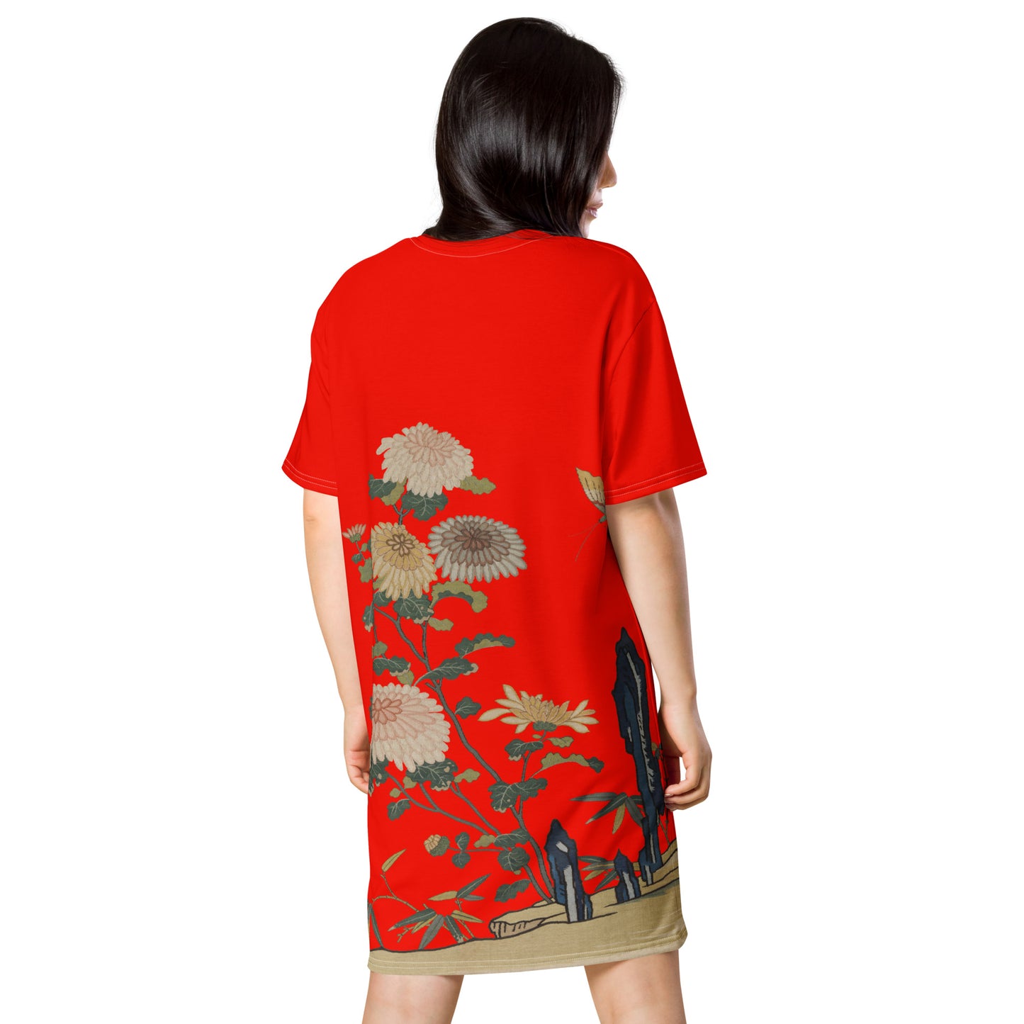 タペストリーの花|菊と蝶|Tシャツドレス|Garnet red