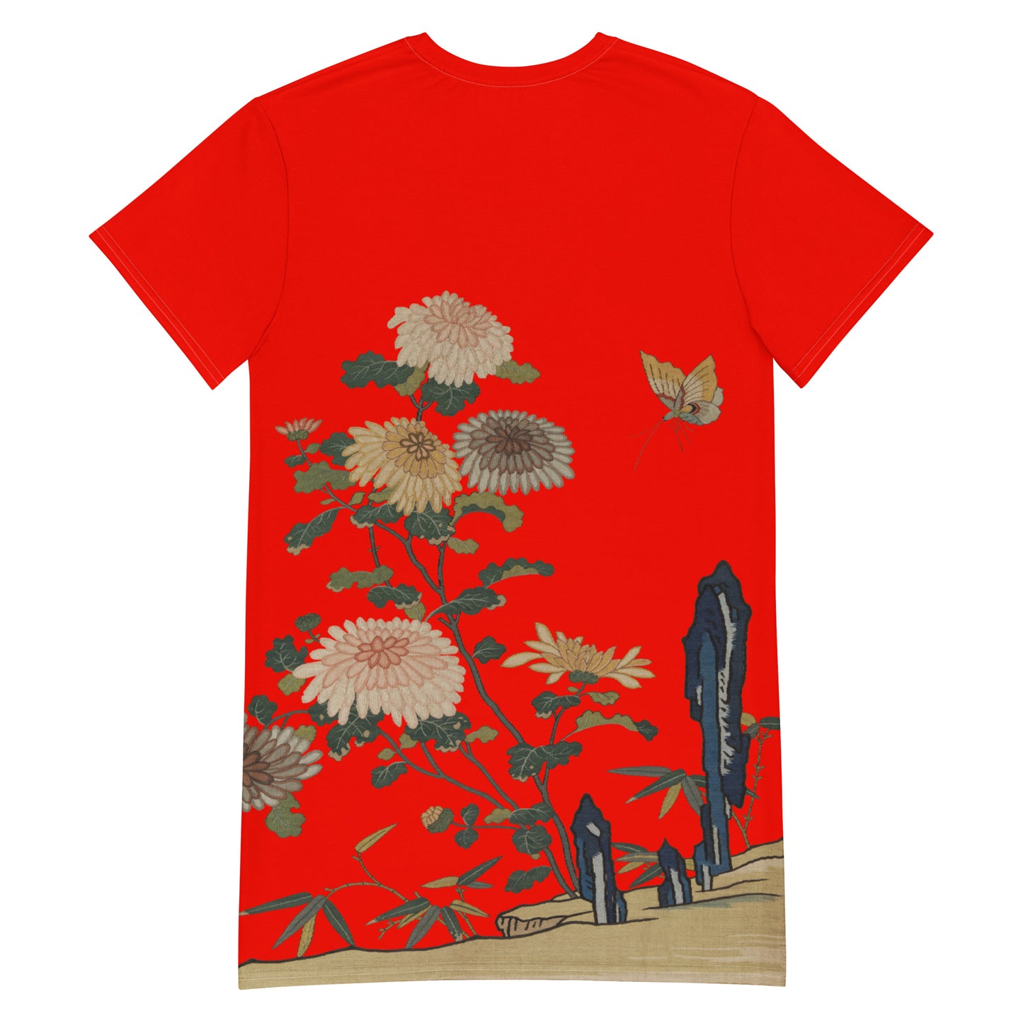 タペストリーの花|菊と蝶|Tシャツドレス|Garnet red