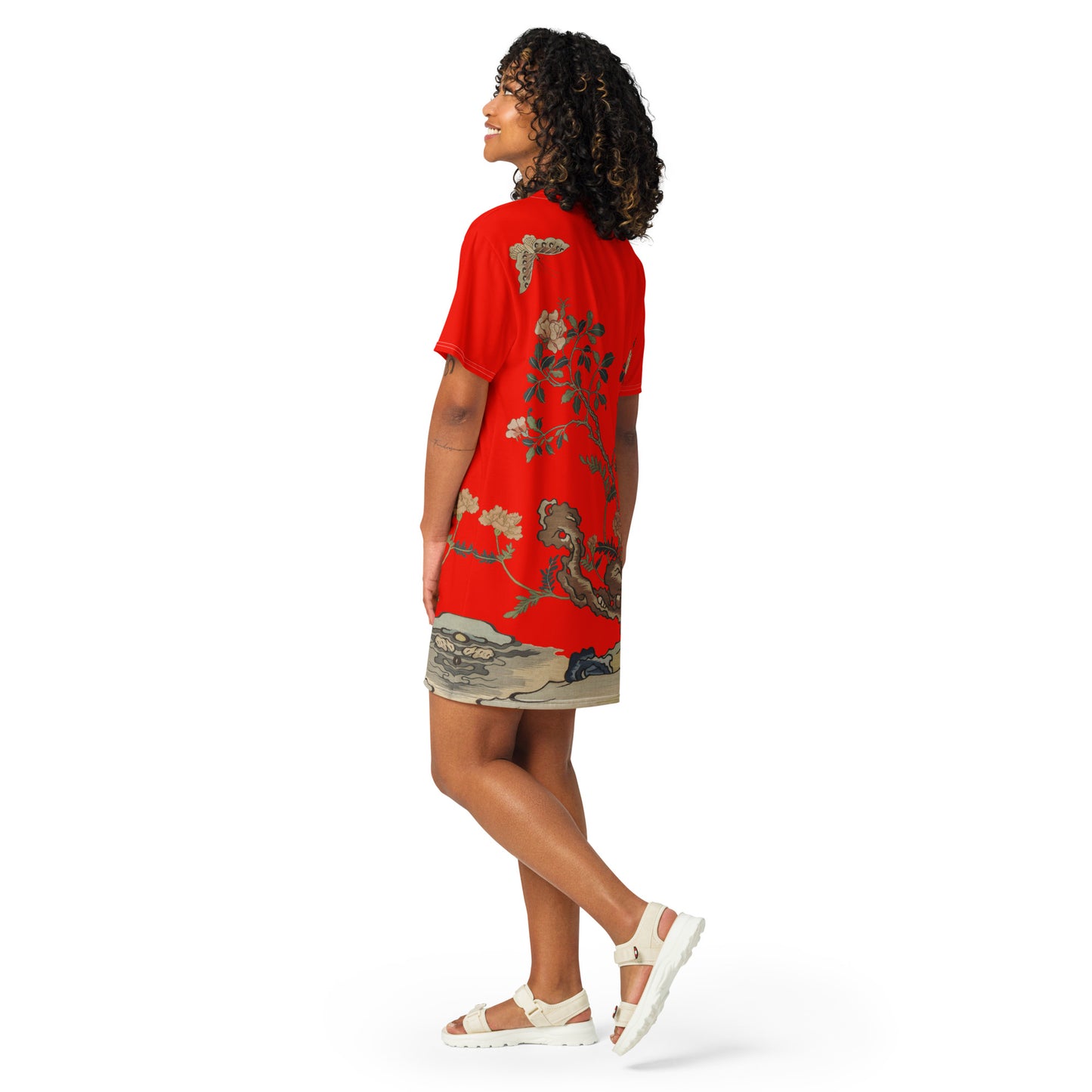 タペストリーの花|椿と蝶|Tシャツドレス|Garnet red