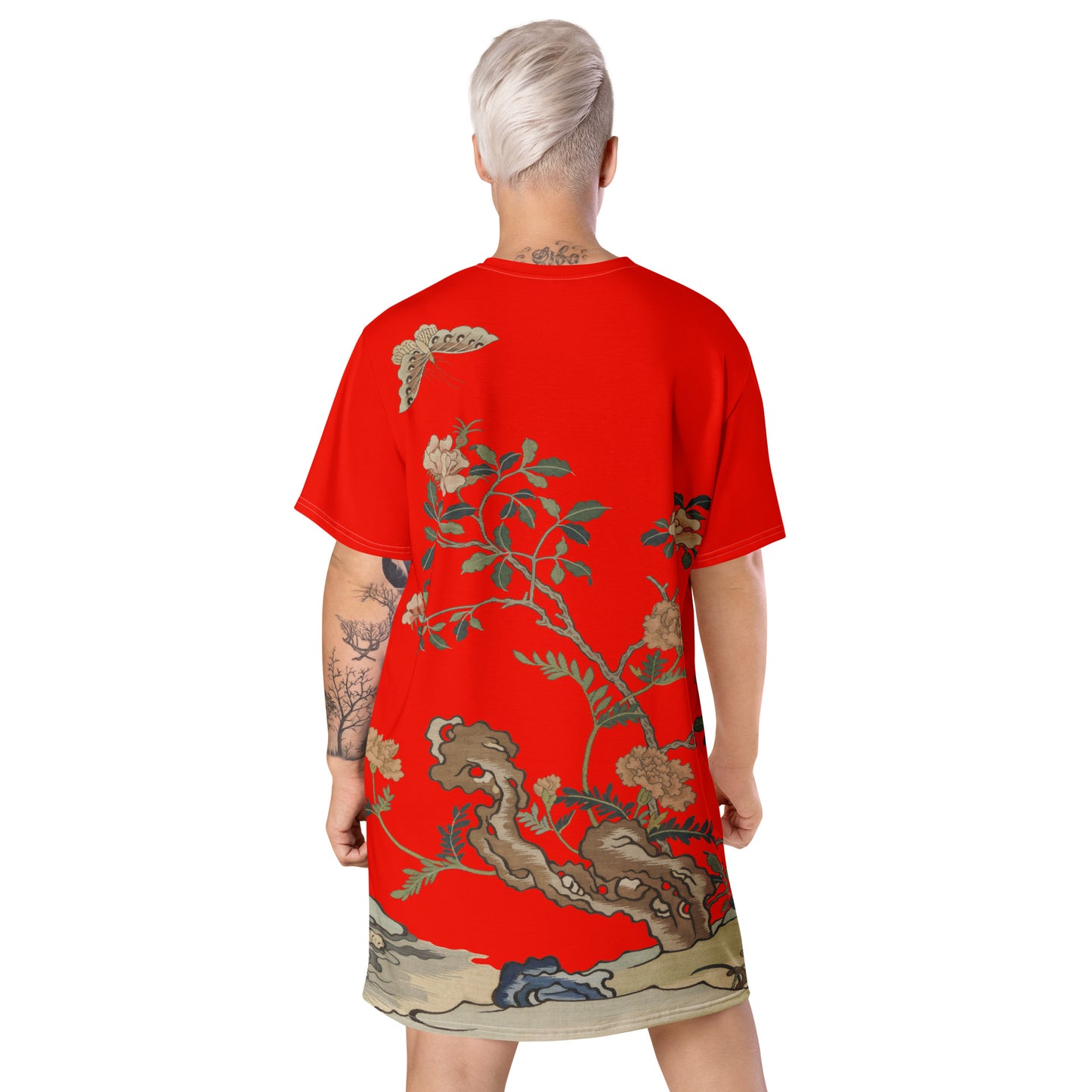 タペストリーの花|椿と蝶|Tシャツドレス|Garnet red