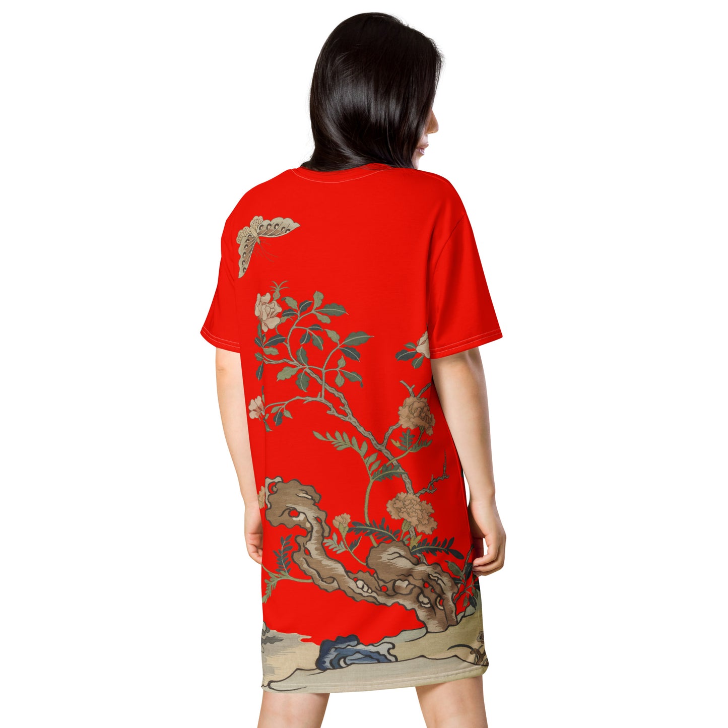 タペストリーの花|椿と蝶|Tシャツドレス|Garnet red