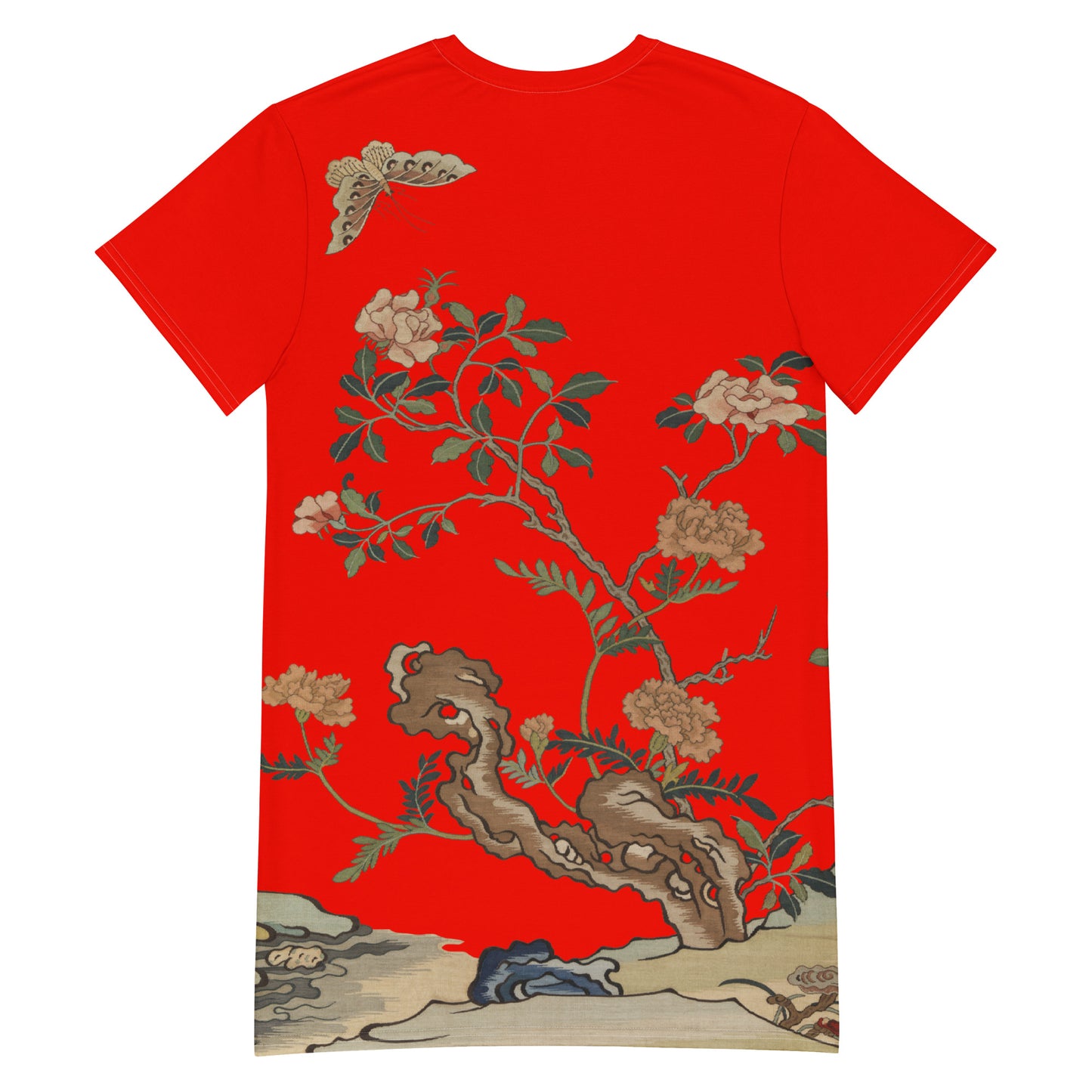 タペストリーの花|椿と蝶|Tシャツドレス|Garnet red