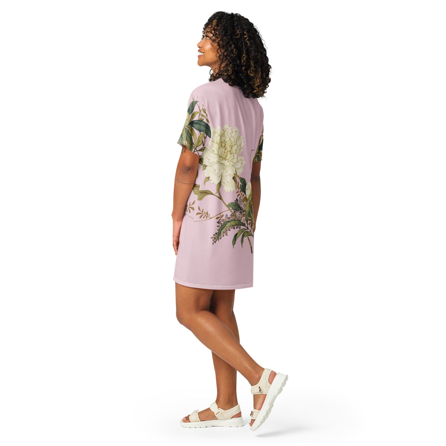 The Spirit of Flowers in Twelve Months|Chinese Peony and Wisteria in Bloom|T-shirt dress|Pale pinkish gray
