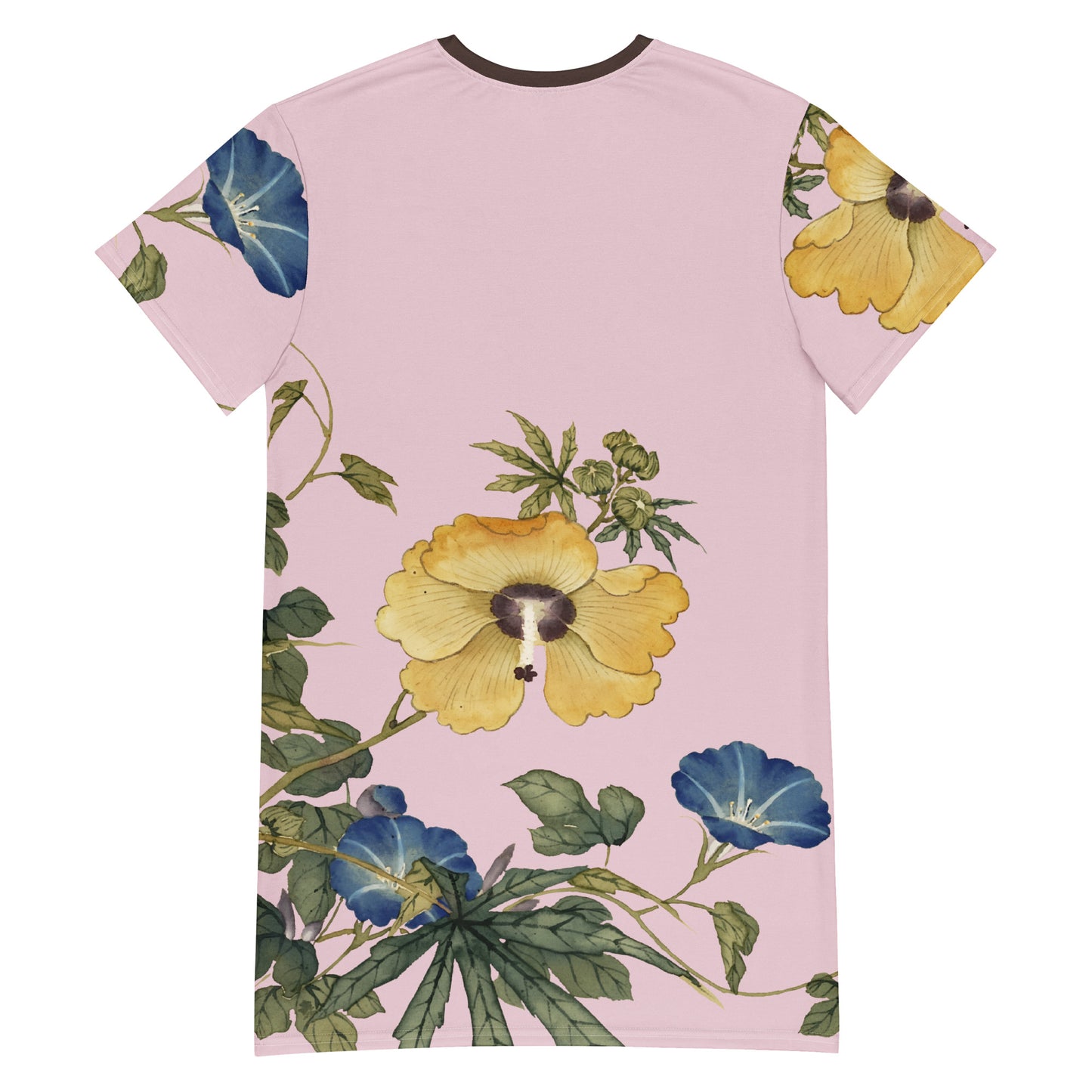 The Spirit of Flowers in Twelve Months|Okra and White-edged Morning Glory in Bloom|T-shirt dress|Pale pinkish gray