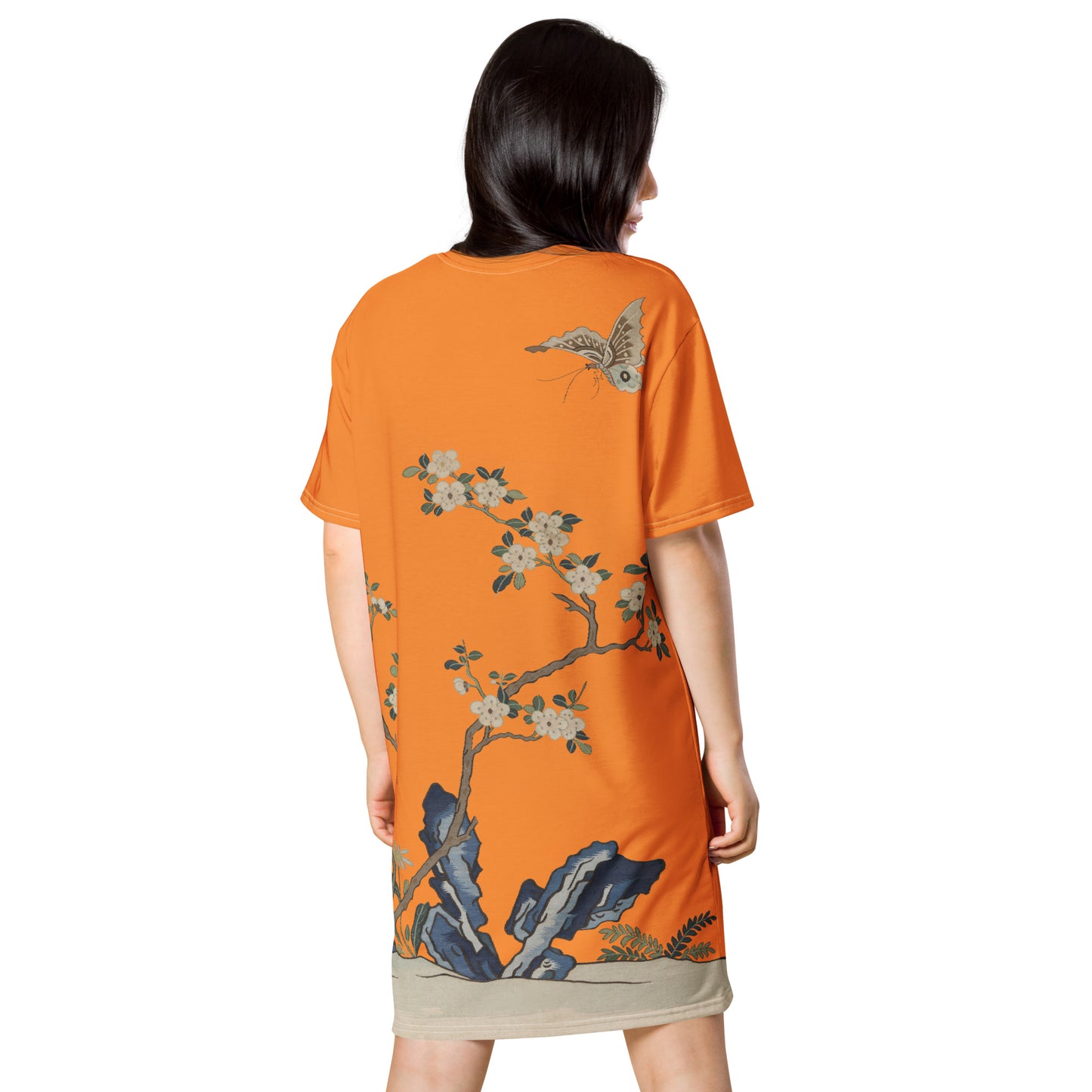 タペストリーの花|White Plum Blossoms and Butterfly|T-shirt dress|Orange
