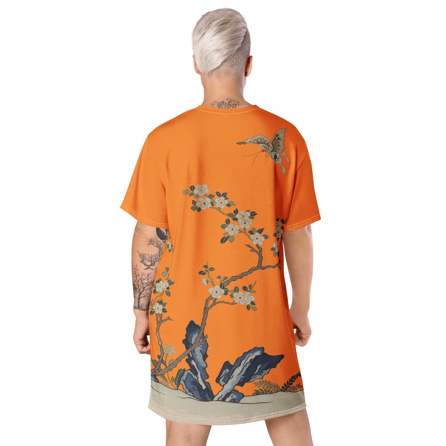 タペストリーの花|White Plum Blossoms and Butterfly|T-shirt dress|Orange