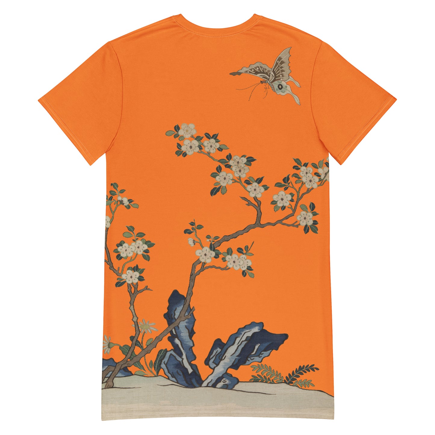 タペストリーの花|White Plum Blossoms and Butterfly|T-shirt dress|Orange