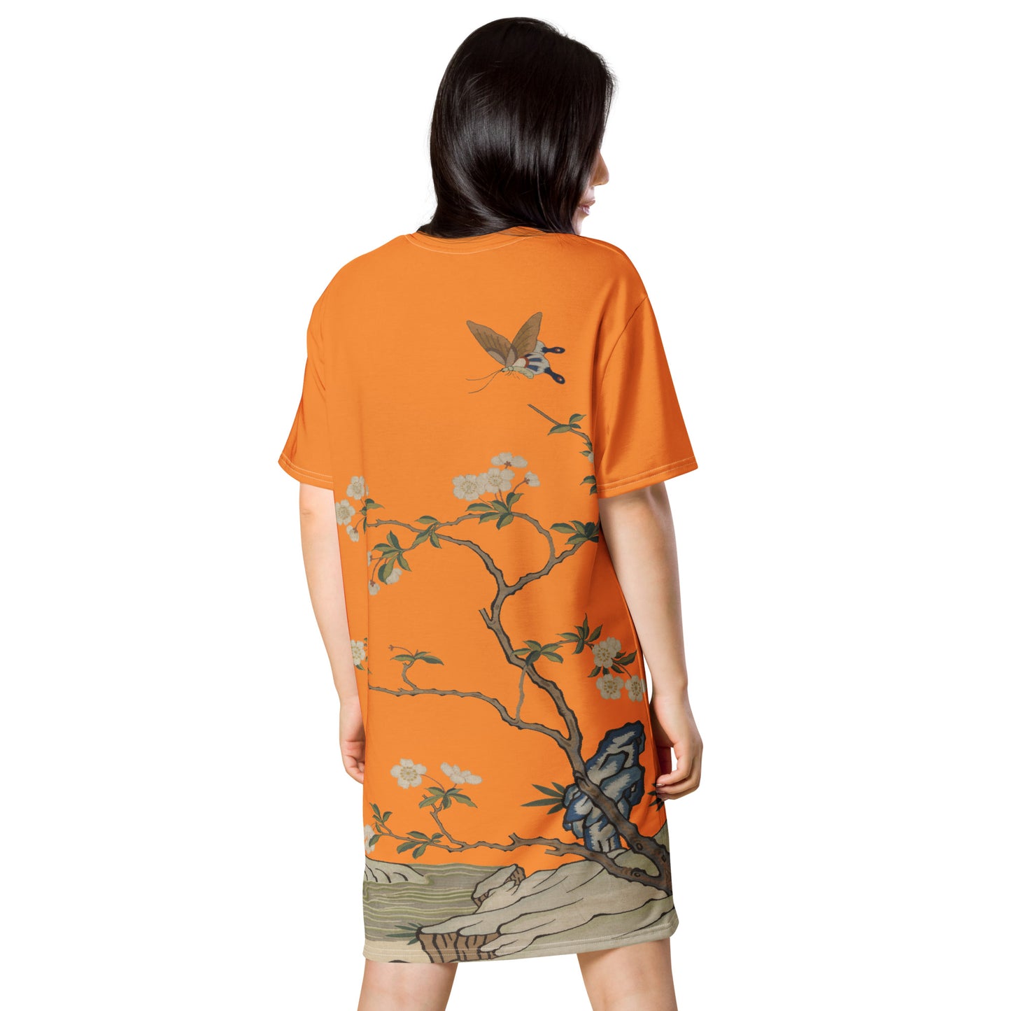 タペストリーの花|梅の花と蝶|Tシャツドレス|オレンジ