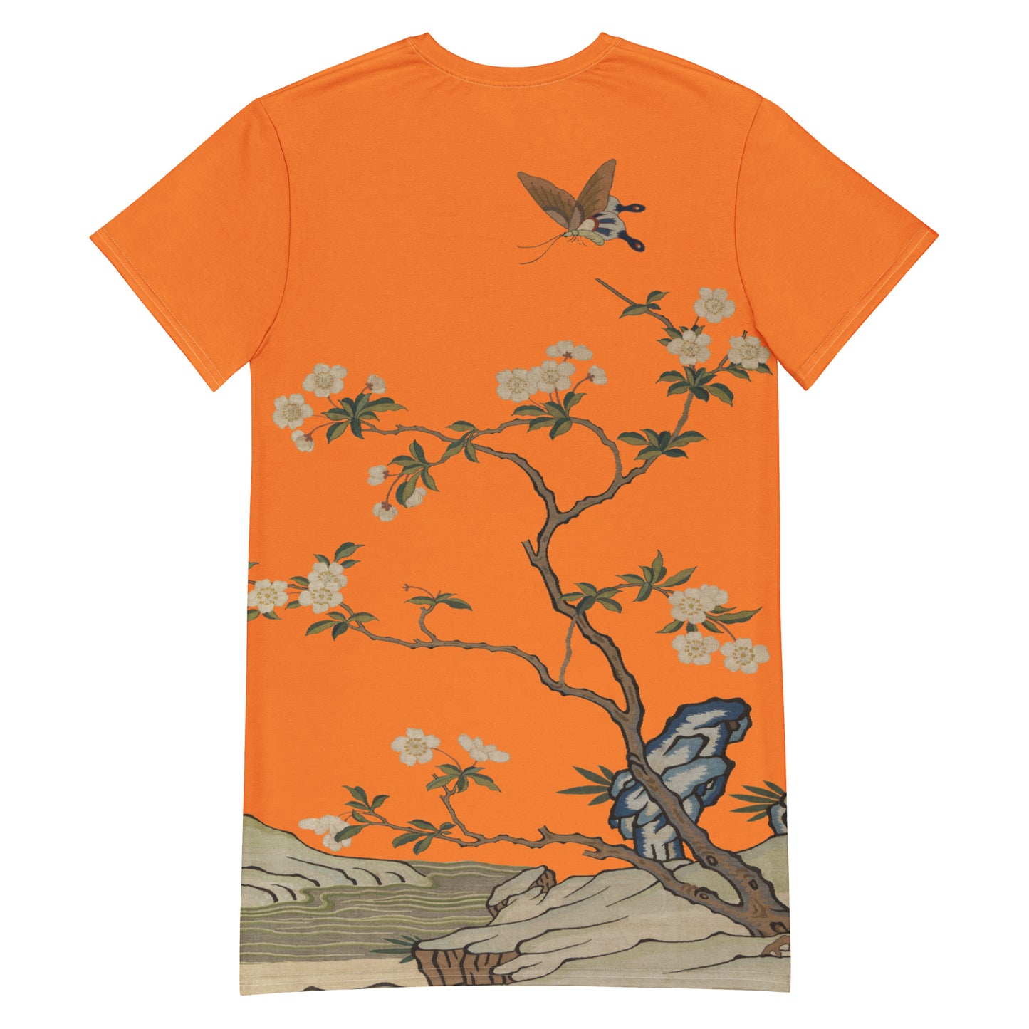 タペストリーの花|梅の花と蝶|Tシャツドレス|オレンジ