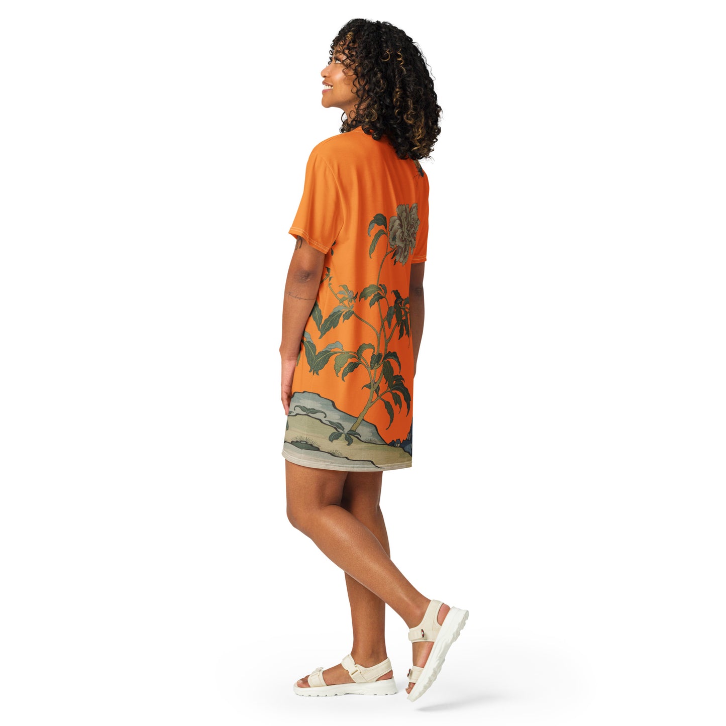 タペストリーの花|Peonies and Butterfly|T-shirt dress|Orange
