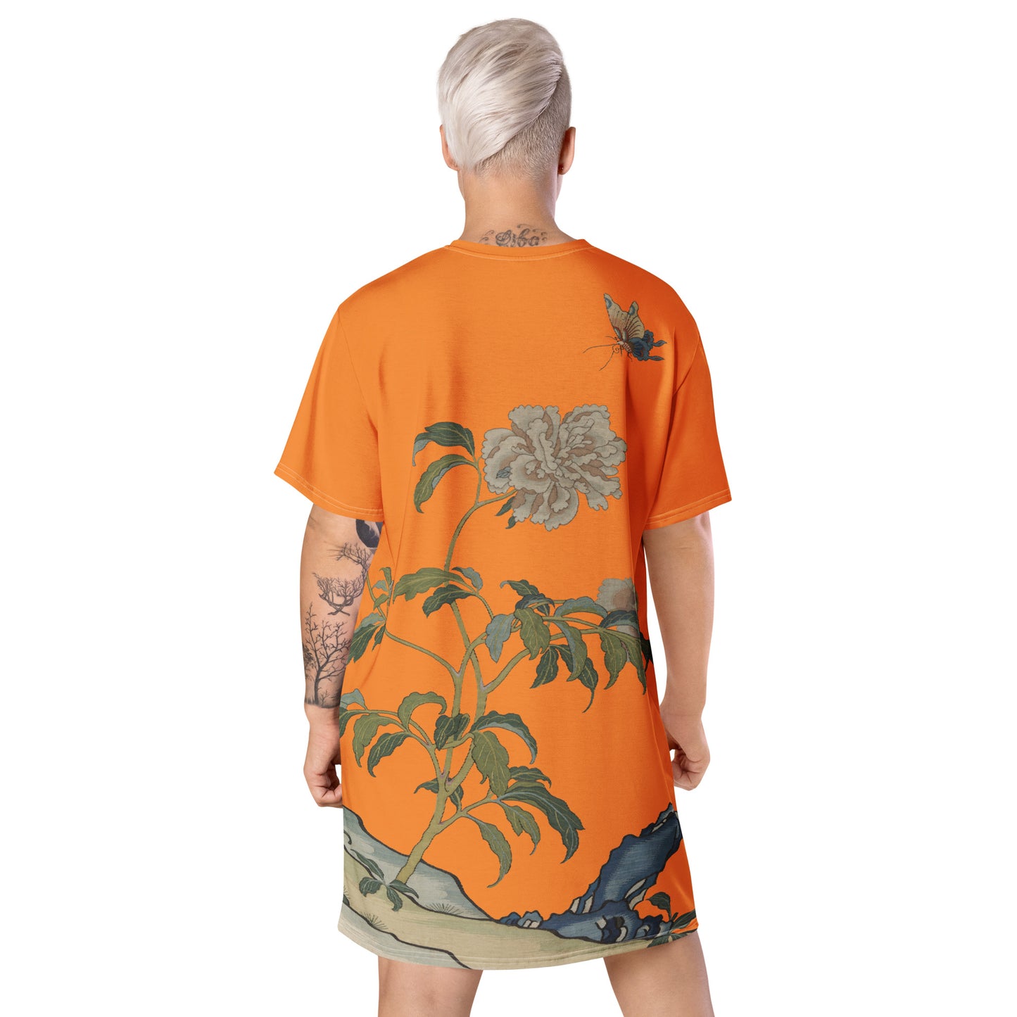 タペストリーの花|Peonies and Butterfly|T-shirt dress|Orange