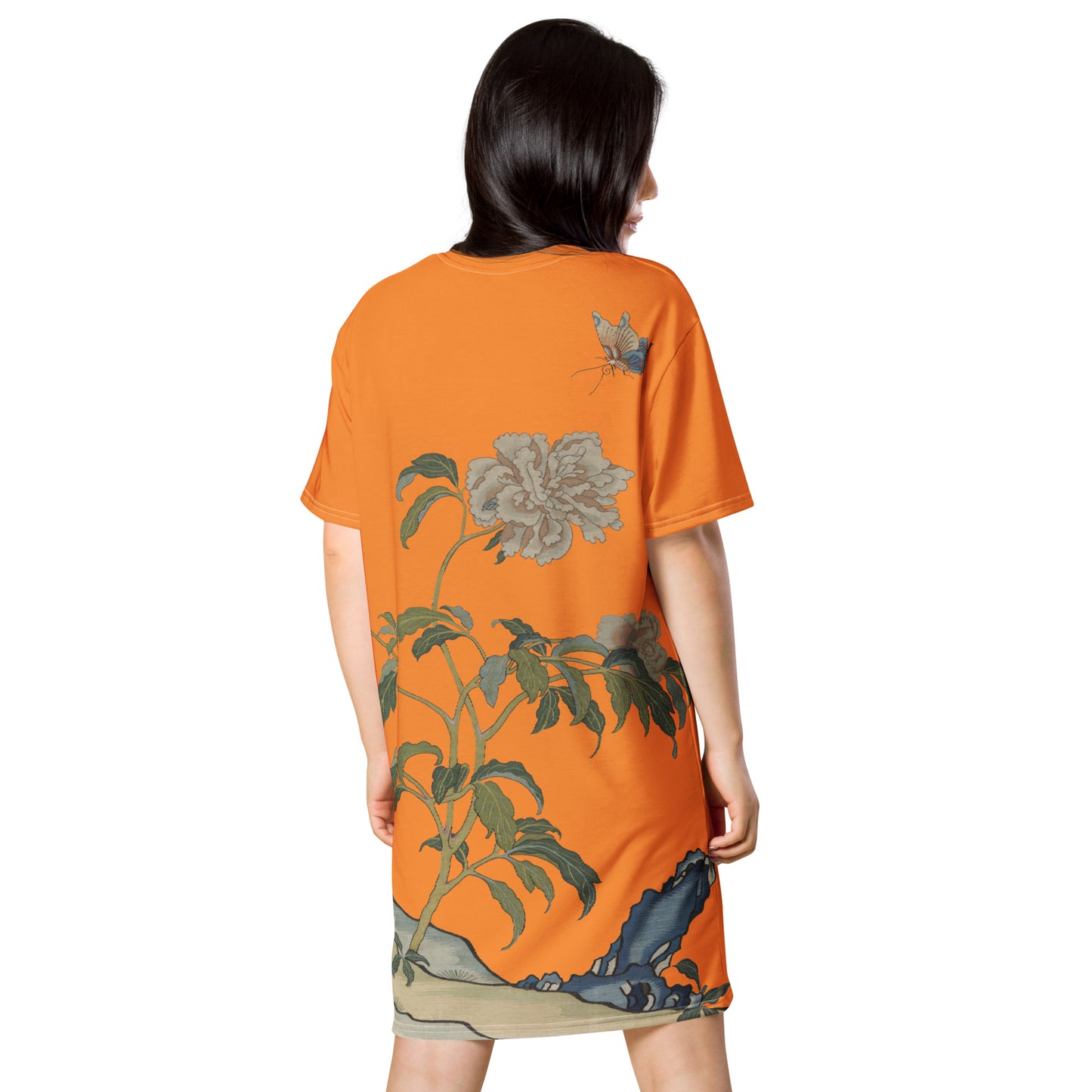 タペストリーの花|Peonies and Butterfly|T-shirt dress|Orange