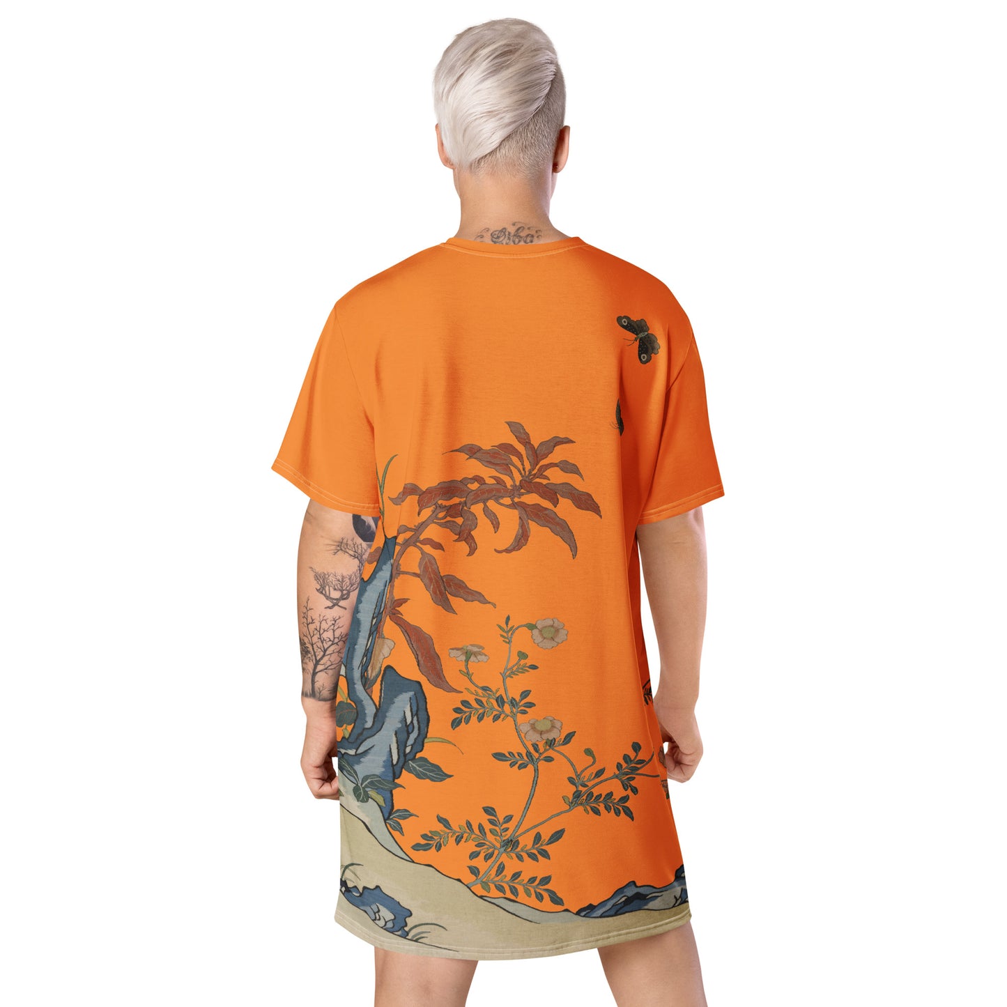 タペストリーの花|Butterflies and Flowers|T-shirt dress|Orange