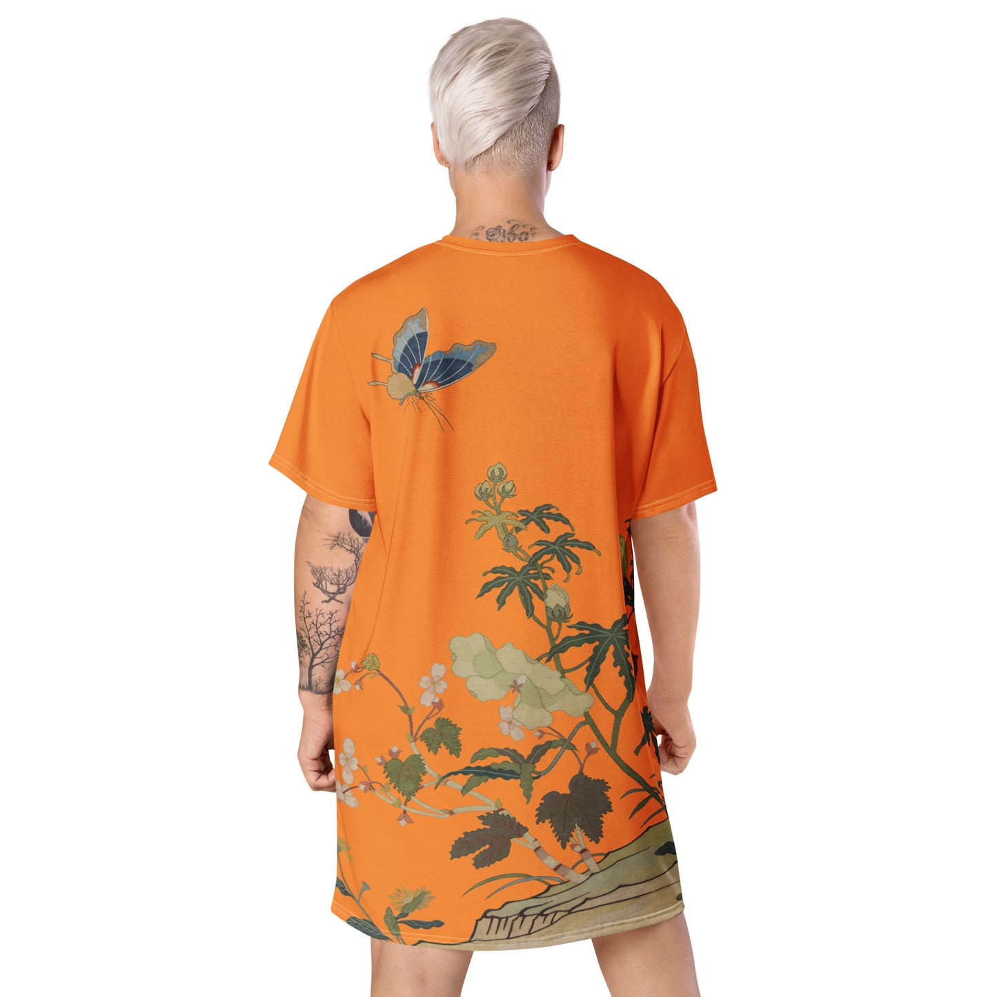 タペストリーの花|ハイビスカスとベゴニアの花|Tシャツドレス|オレンジ
