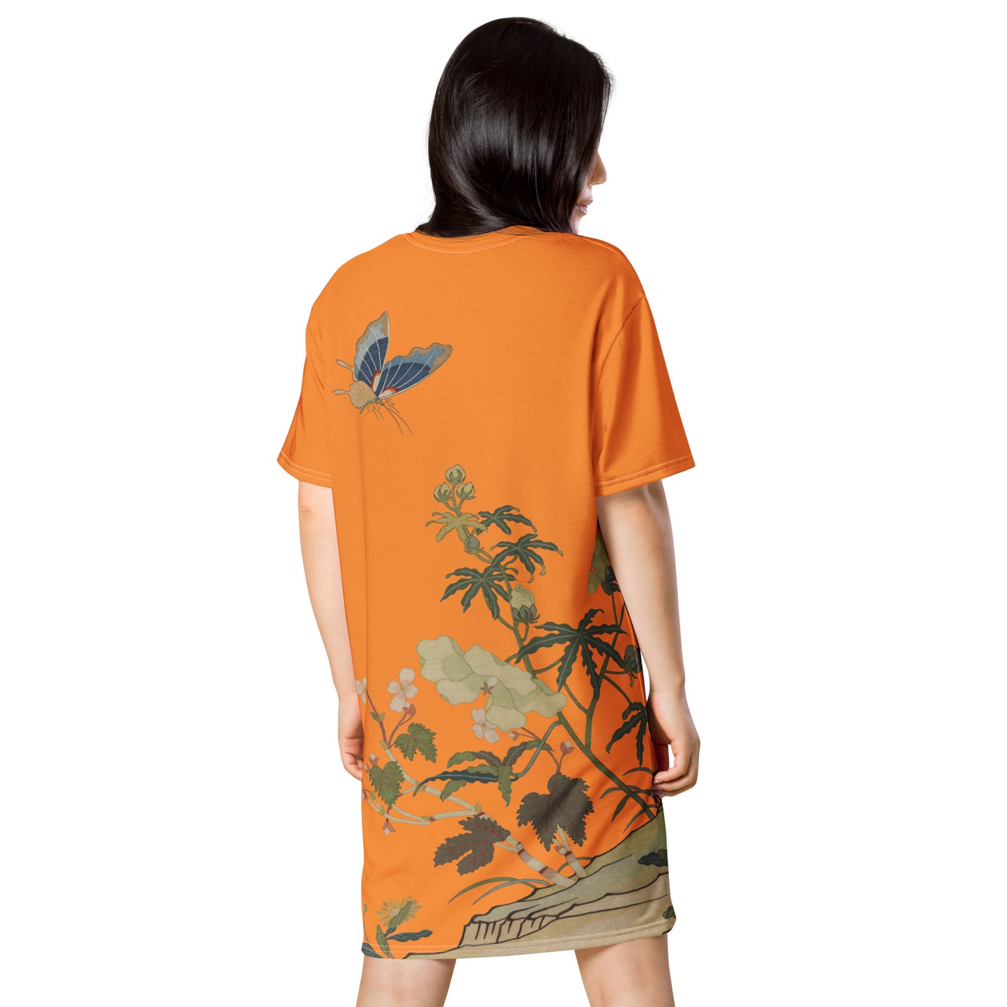 タペストリーの花|ハイビスカスとベゴニアの花|Tシャツドレス|オレンジ