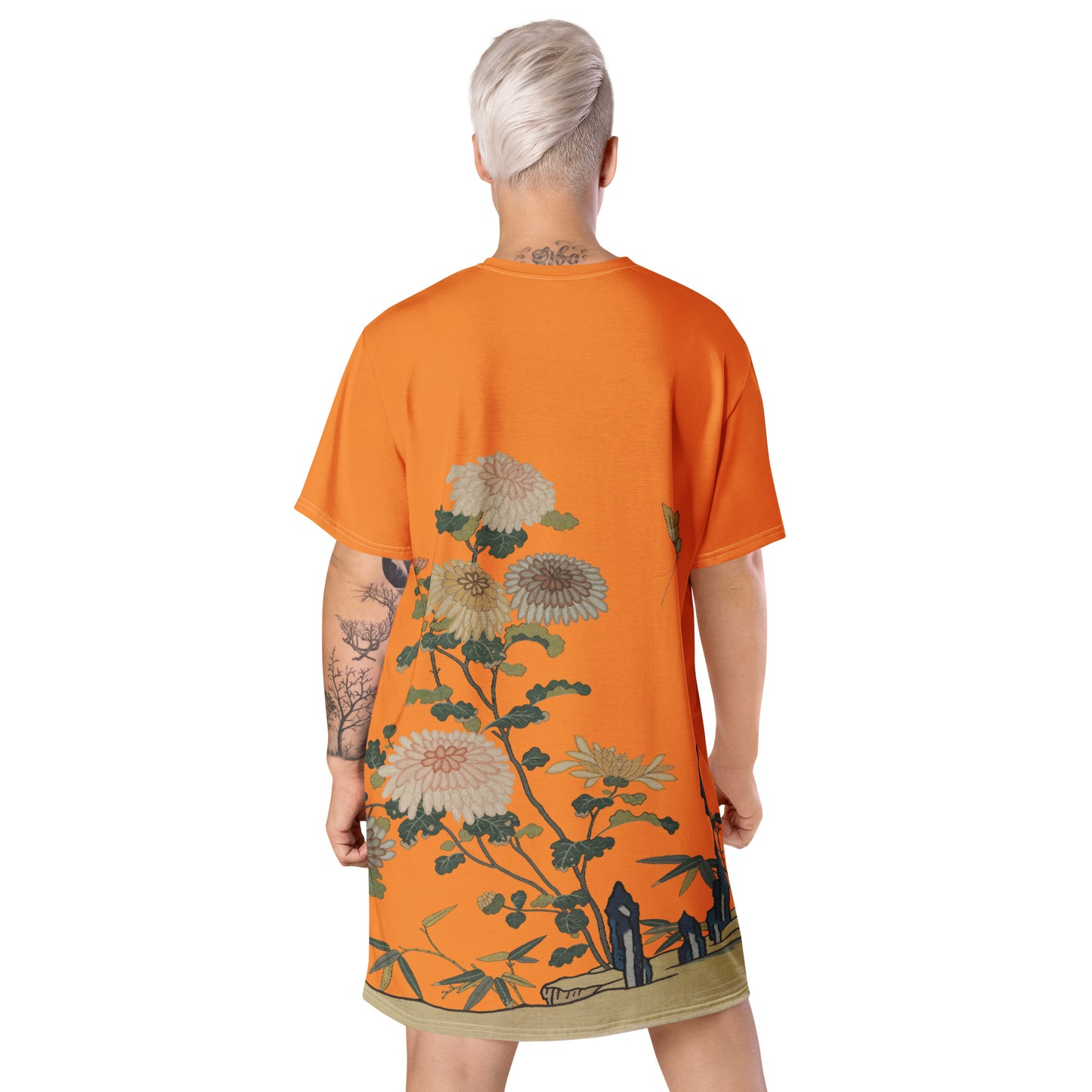 タペストリーの花|Chrysanthemums and Butterflies|T-shirt dress|Orange