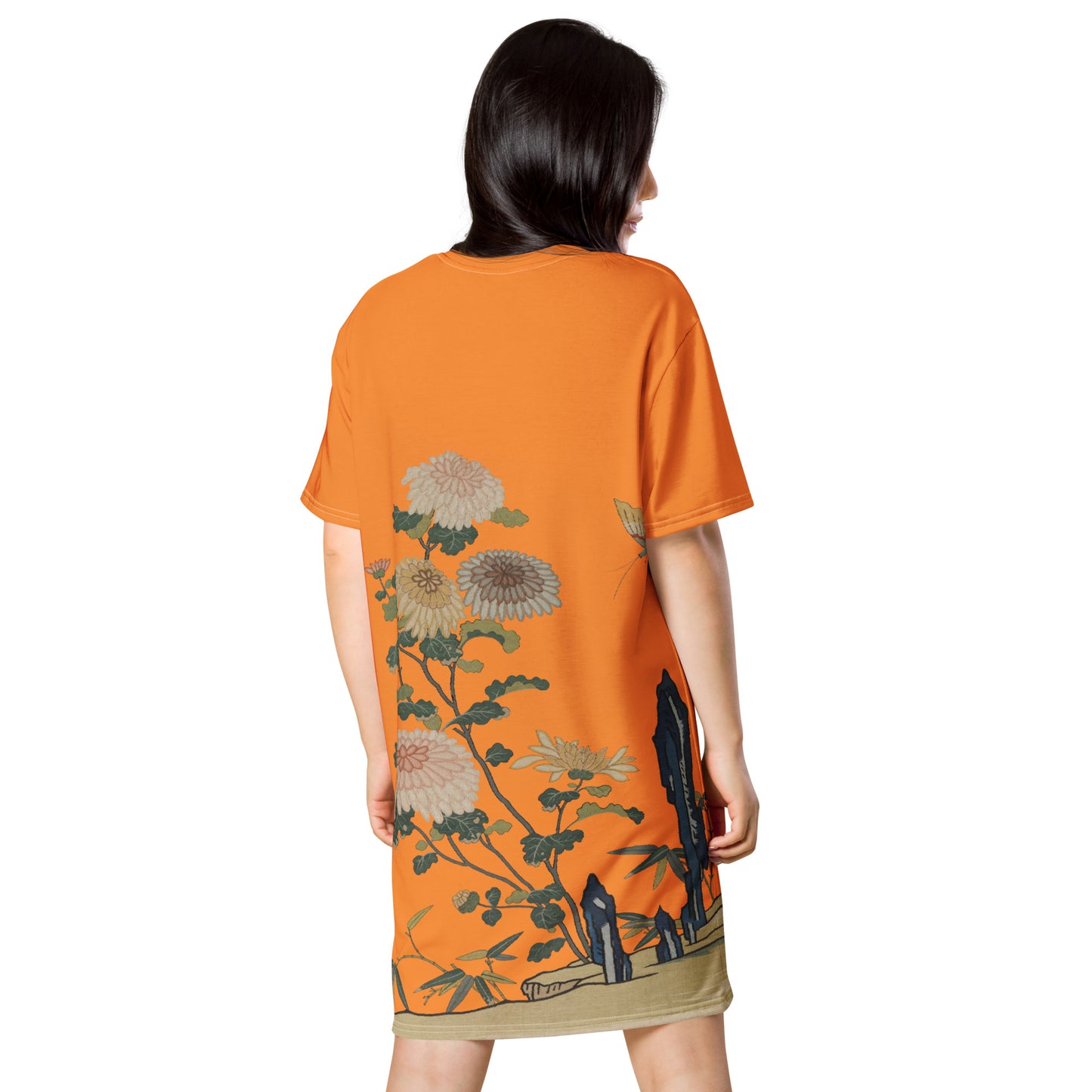 タペストリーの花|Chrysanthemums and Butterflies|T-shirt dress|Orange