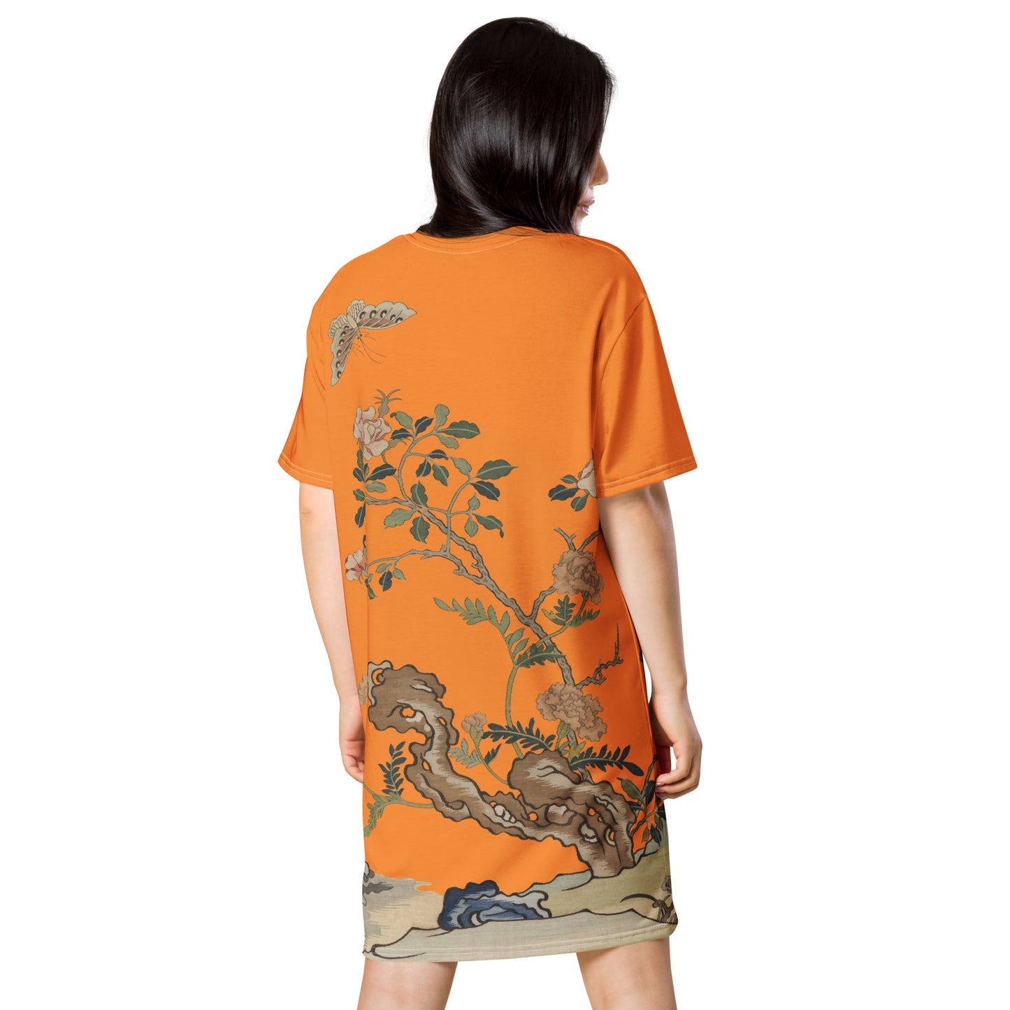 タペストリーの花|椿と蝶|Tシャツドレス|オレンジ