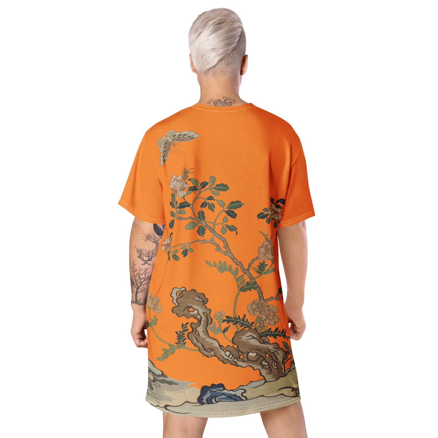 タペストリーの花|椿と蝶|Tシャツドレス|オレンジ