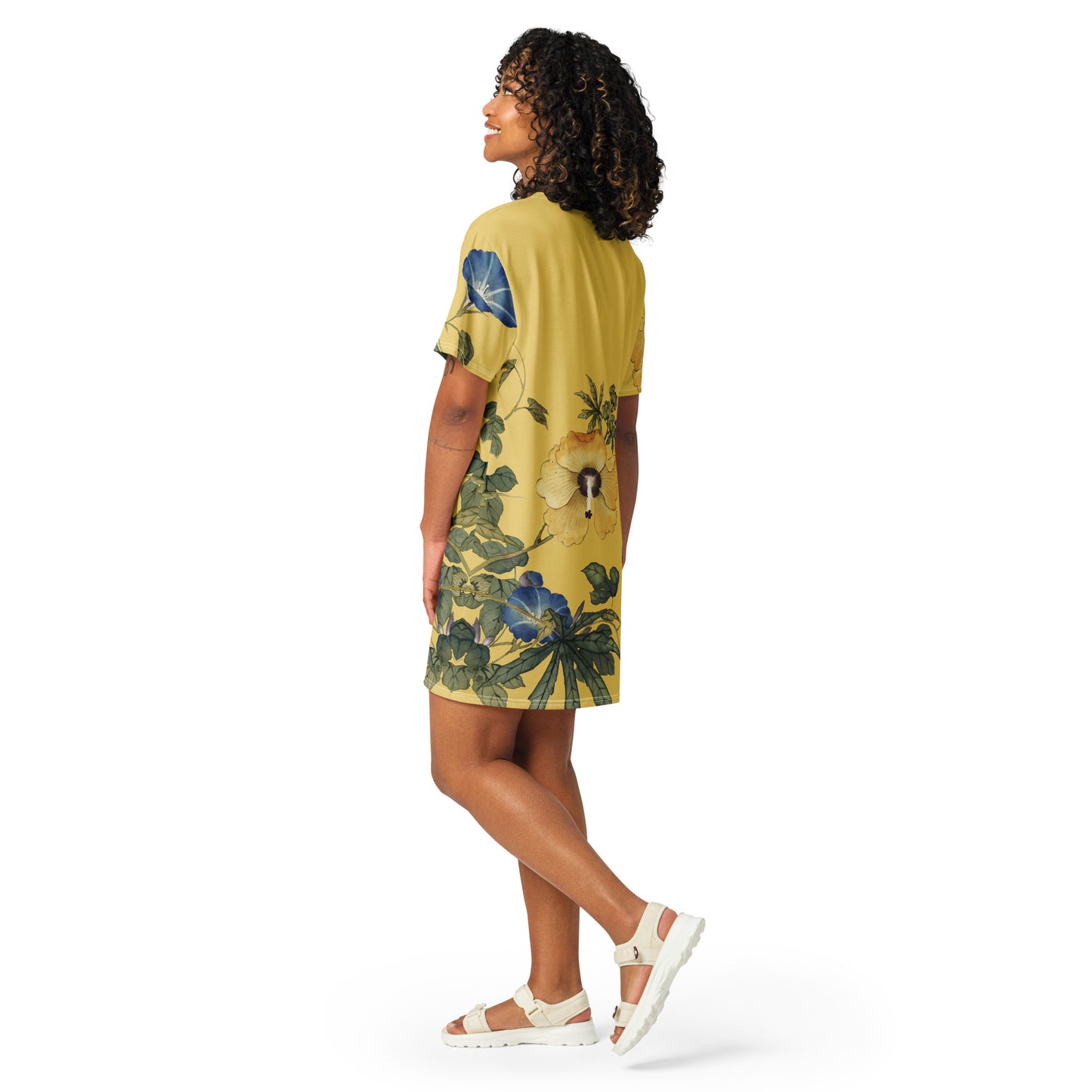 The Spirit of Flowers in Twelve Months|Okra and White-edged Morning Glory in Bloom|T-shirt dress|Gold