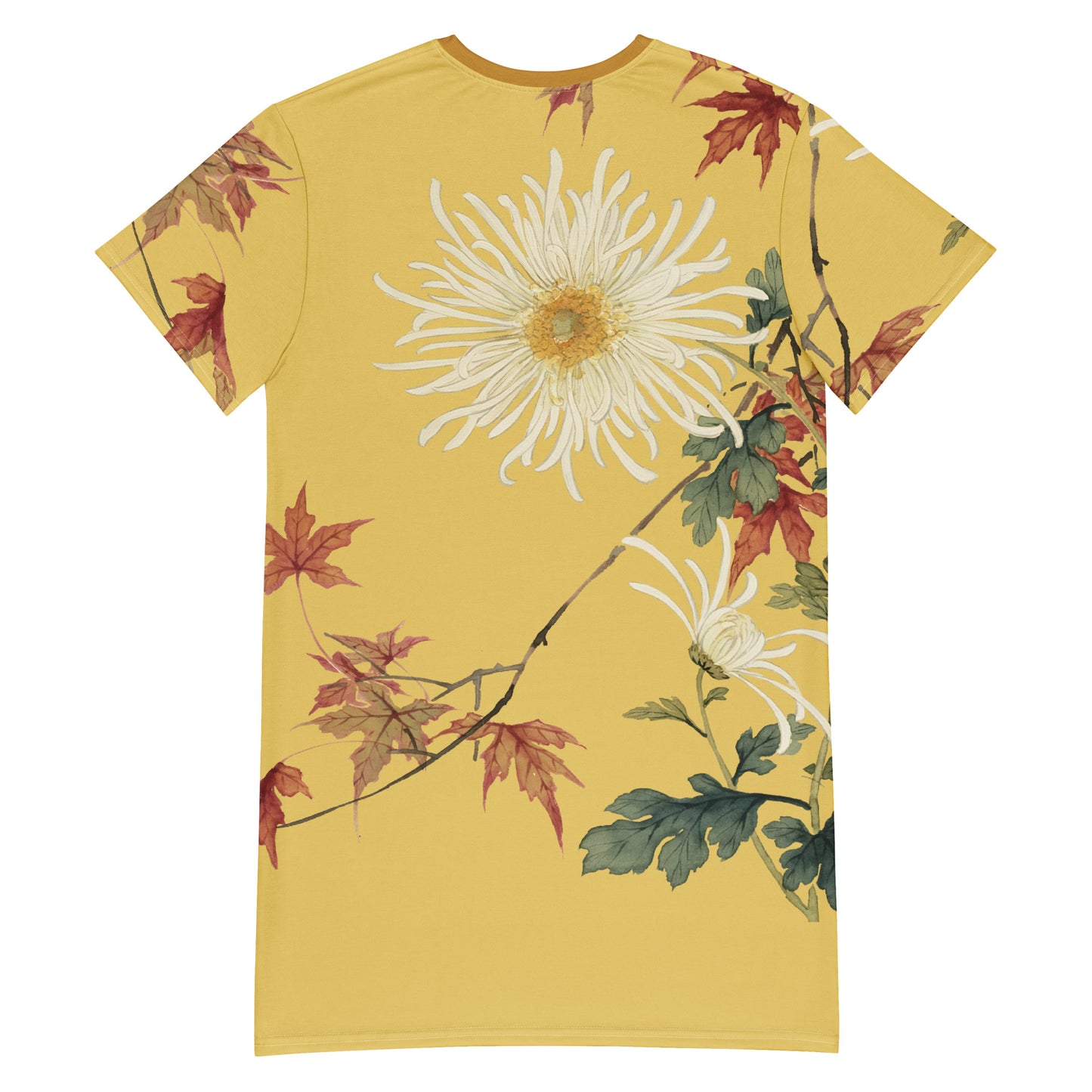 The Spirit of Flowers in Twelve Months|Blooming Chrysanthemum and Maple Leaves|T-shirt dress|Gold