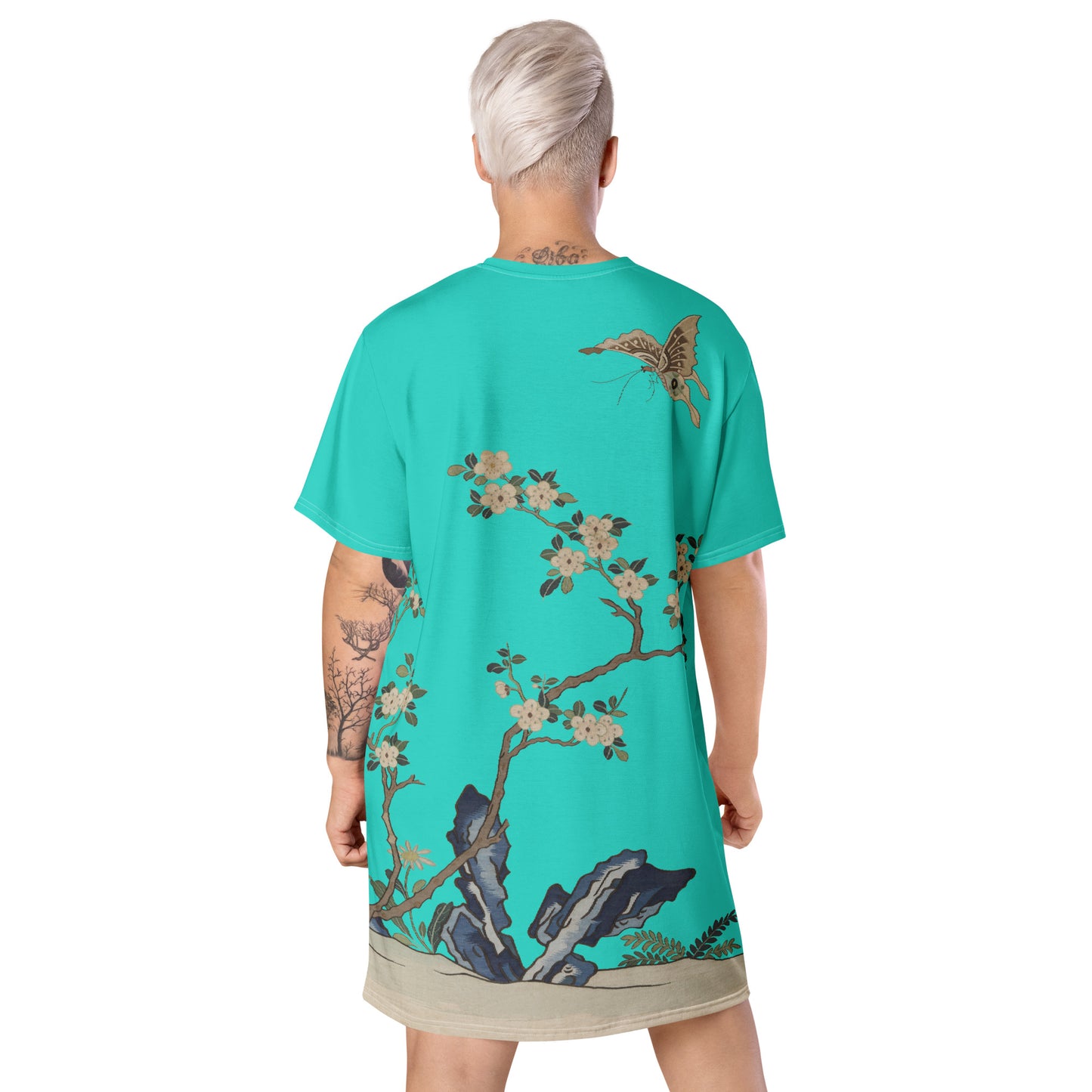 タペストリーの花|White Plum Blossoms and Butterfly|T-shirt dress|Turquoise