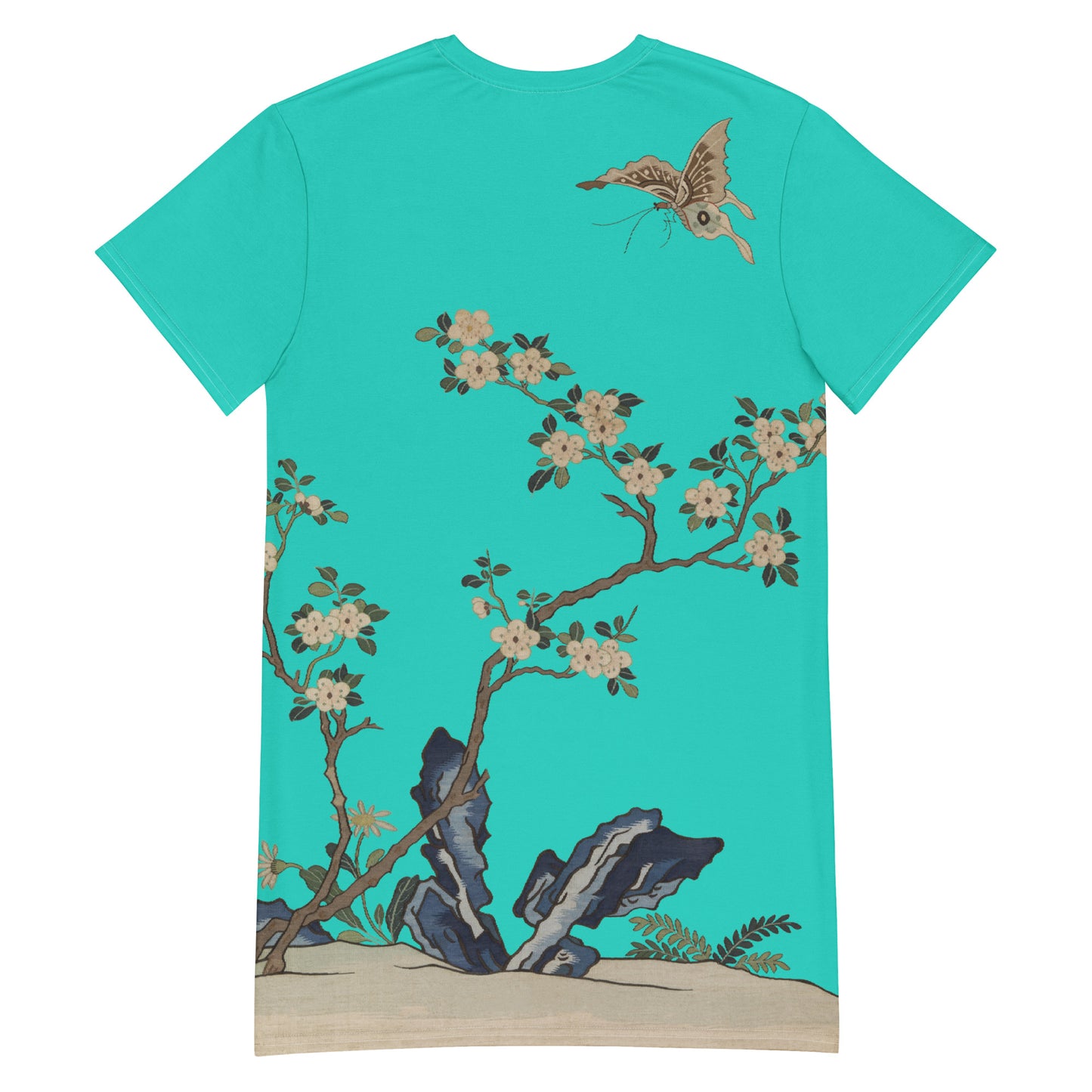 タペストリーの花|White Plum Blossoms and Butterfly|T-shirt dress|Turquoise