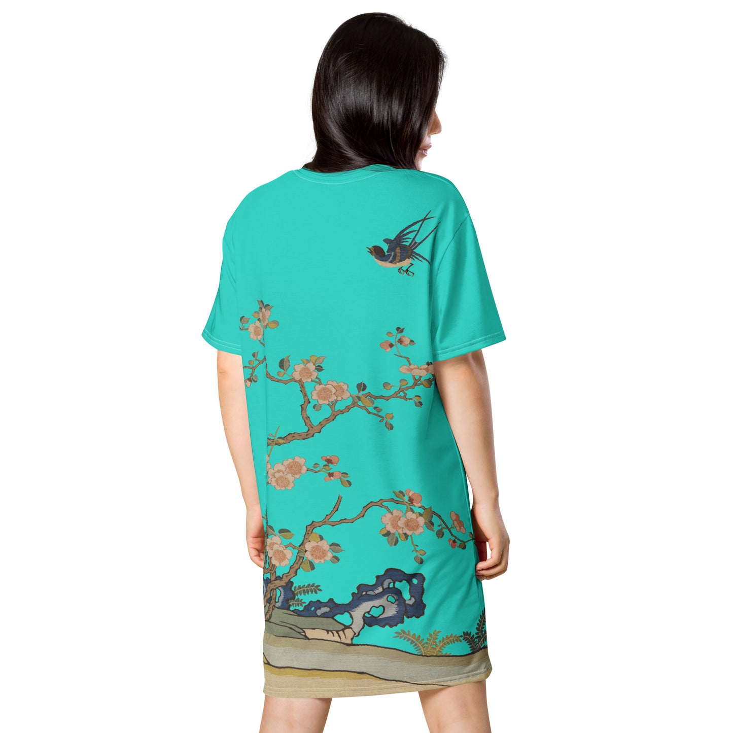 タペストリーの花|Swallow in Flight, Harbinger of Spring|T-shirt dress|Turquoise