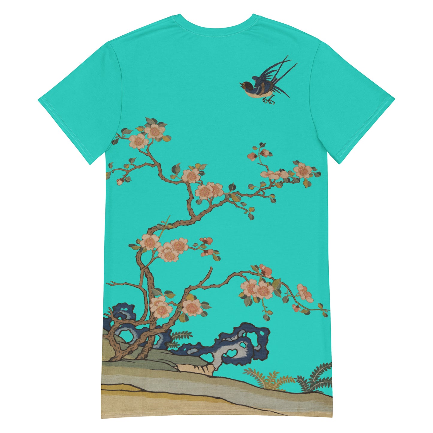 タペストリーの花|Swallow in Flight, Harbinger of Spring|T-shirt dress|Turquoise