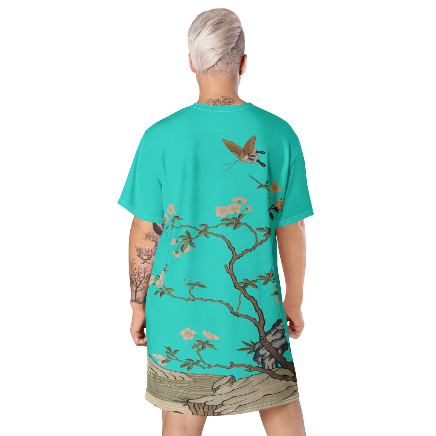 タペストリーの花|梅の花と蝶|Tシャツドレス|ターコイズ