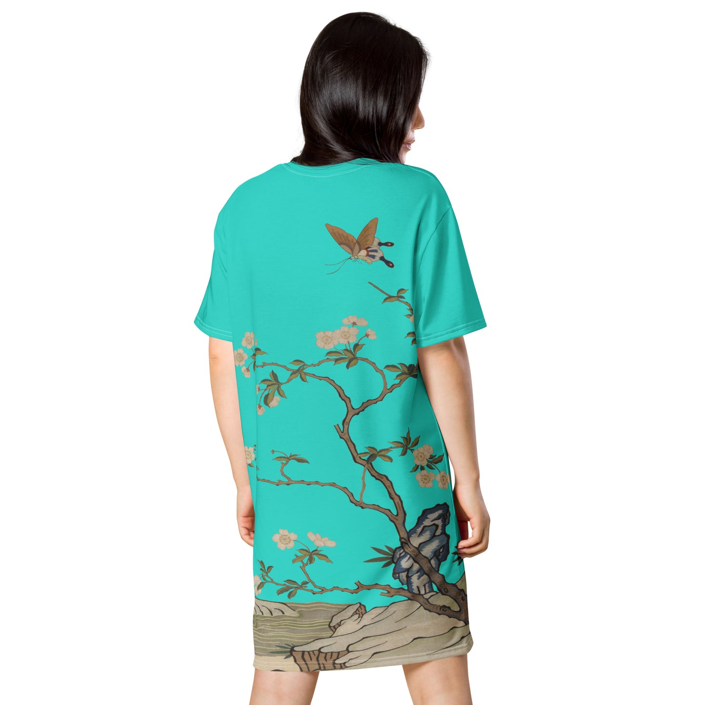 タペストリーの花|梅の花と蝶|Tシャツドレス|ターコイズ
