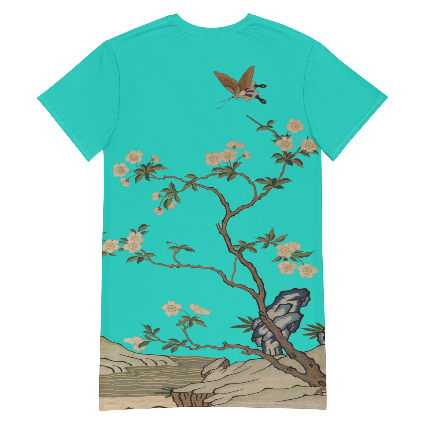 タペストリーの花|梅の花と蝶|Tシャツドレス|ターコイズ