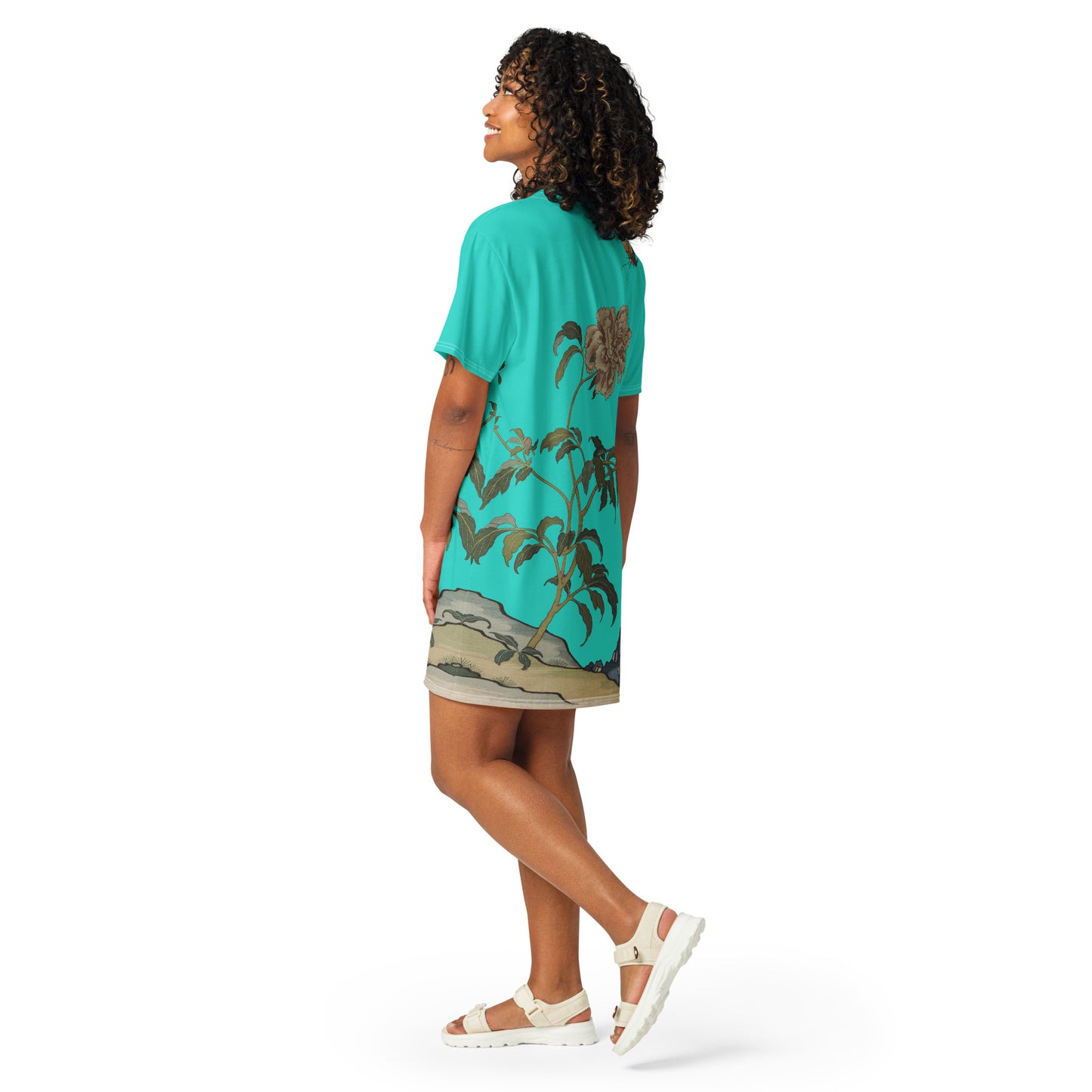 タペストリーの花|Peonies and Butterfly|T-shirt dress|Turquoise