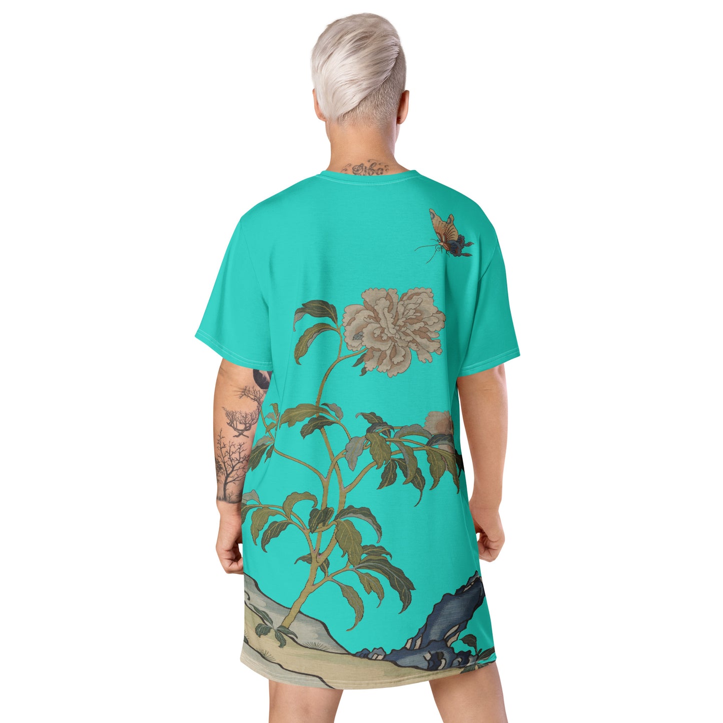 タペストリーの花|Peonies and Butterfly|T-shirt dress|Turquoise