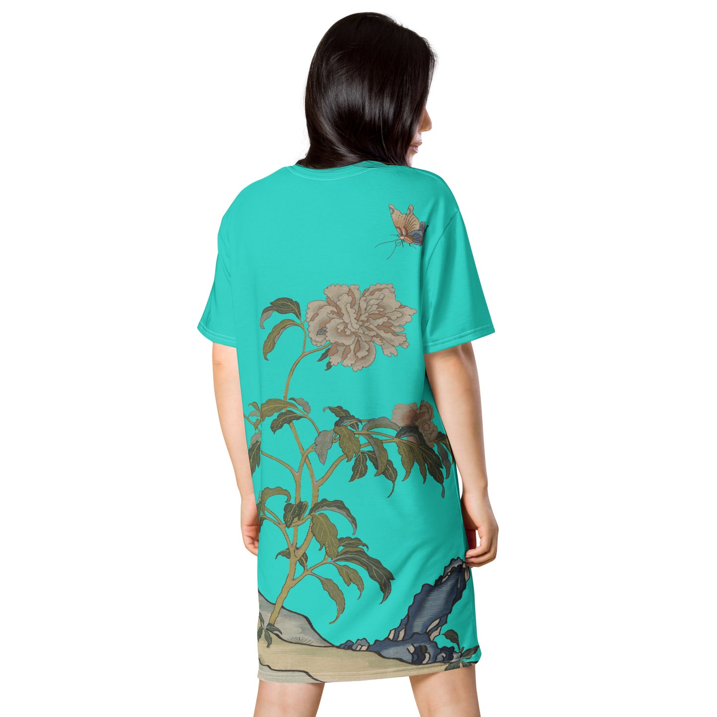 タペストリーの花|Peonies and Butterfly|T-shirt dress|Turquoise