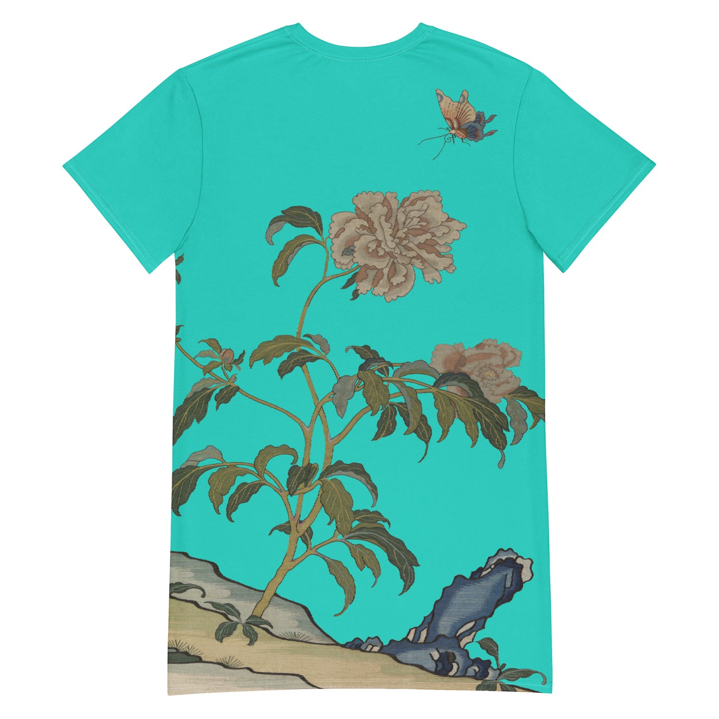 タペストリーの花|Peonies and Butterfly|T-shirt dress|Turquoise