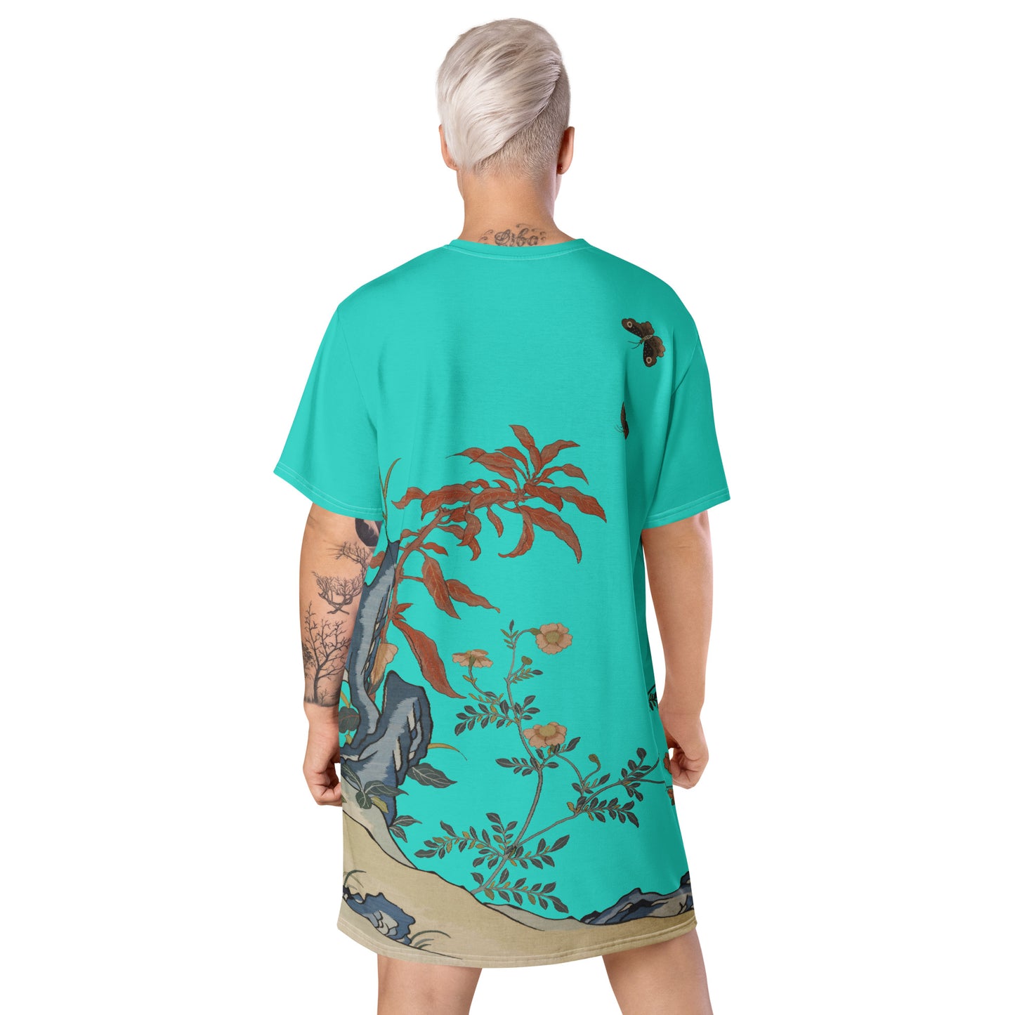 タペストリーの花|Butterflies and Flowers|T-shirt dress|Turquoise
