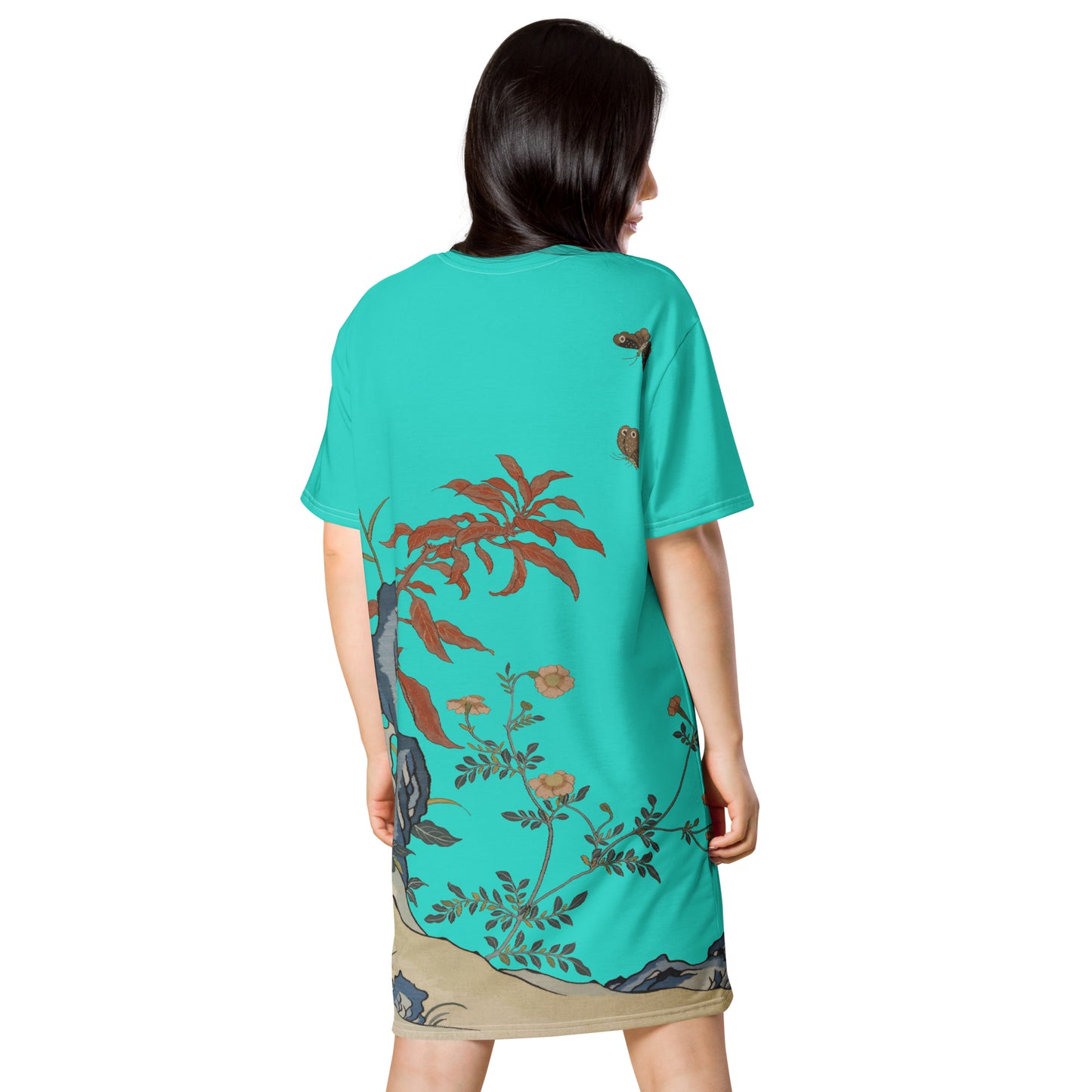 タペストリーの花|Butterflies and Flowers|T-shirt dress|Turquoise