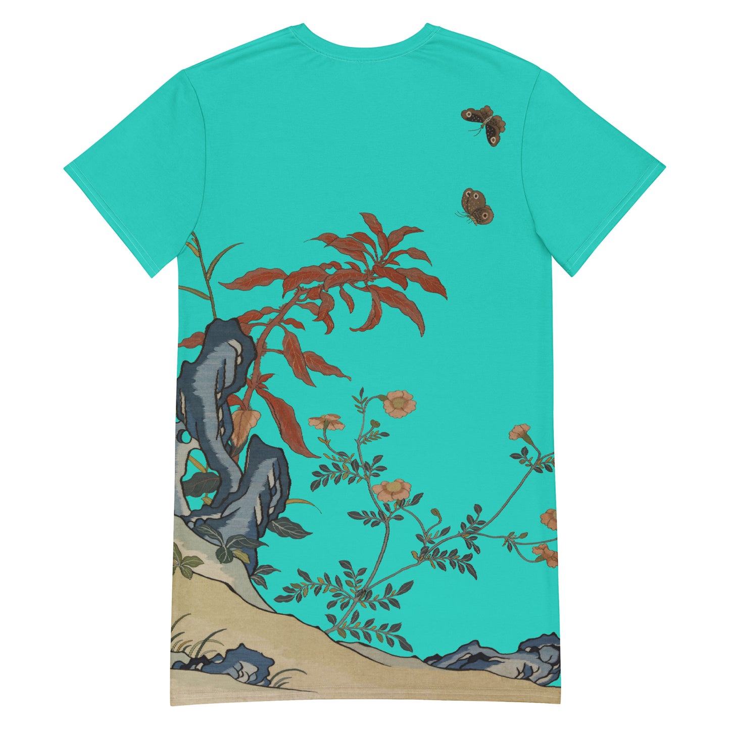 タペストリーの花|Butterflies and Flowers|T-shirt dress|Turquoise