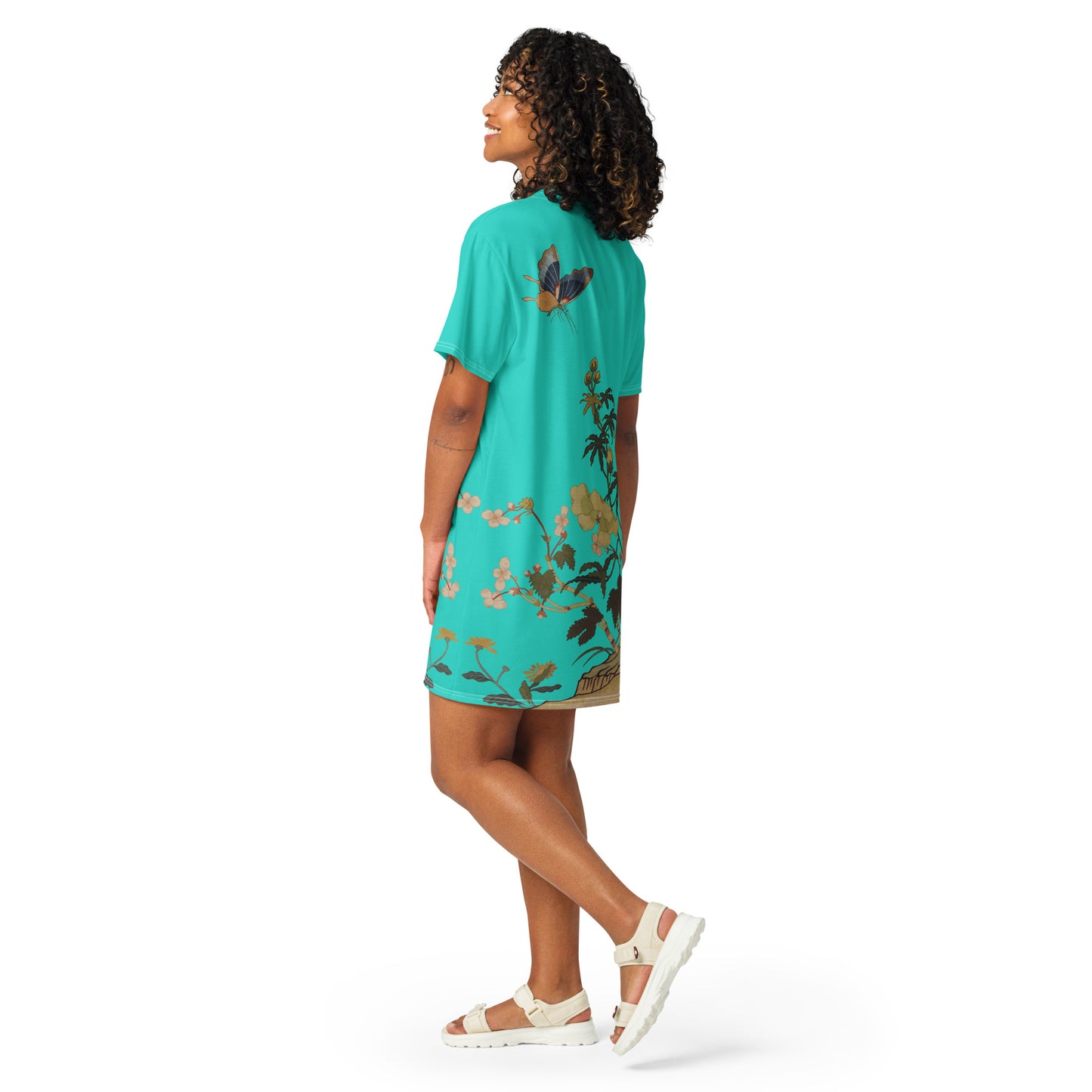 タペストリーの花|ハイビスカスとベゴニアの花|Tシャツドレス|ターコイズ