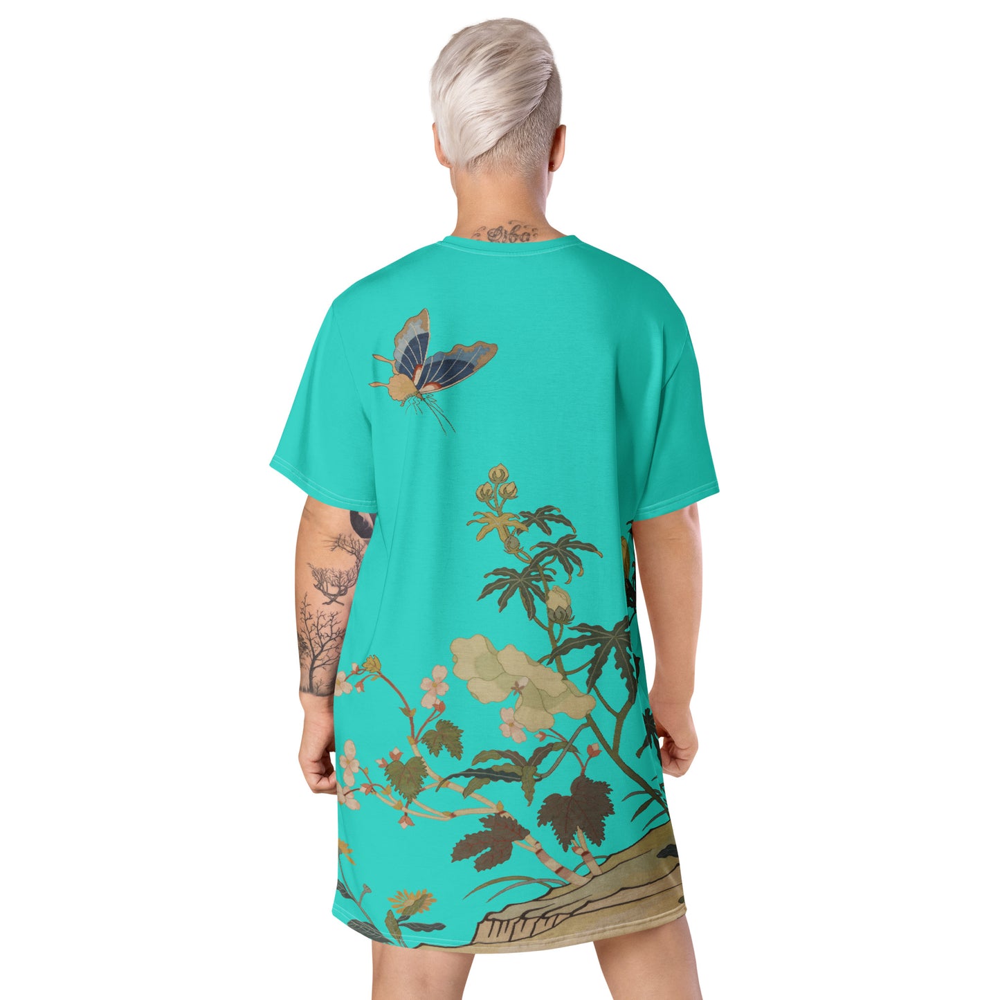タペストリーの花|ハイビスカスとベゴニアの花|Tシャツドレス|ターコイズ