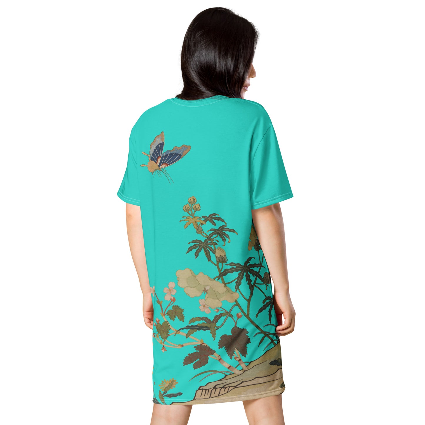 タペストリーの花|ハイビスカスとベゴニアの花|Tシャツドレス|ターコイズ