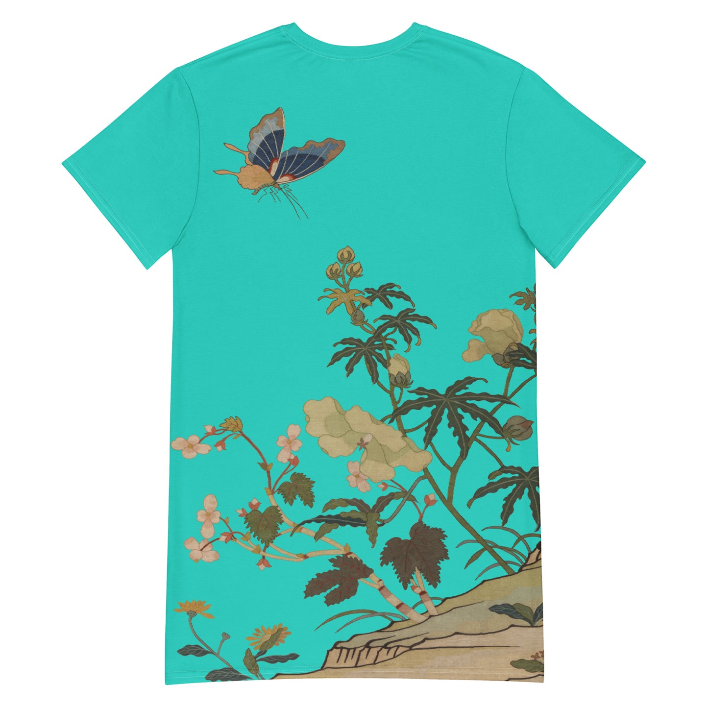 タペストリーの花|ハイビスカスとベゴニアの花|Tシャツドレス|ターコイズ
