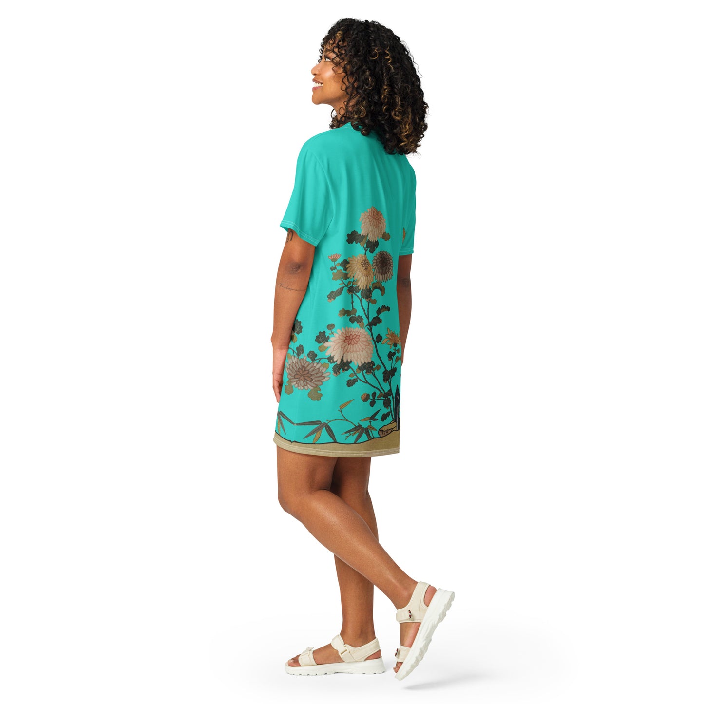 タペストリーの花|Chrysanthemums and Butterflies|T-shirt dress|Turquoise