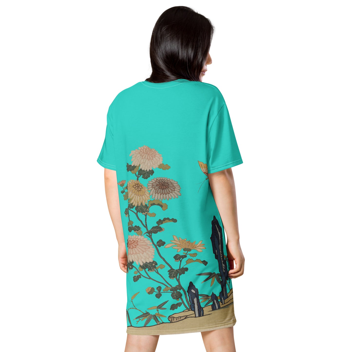 タペストリーの花|Chrysanthemums and Butterflies|T-shirt dress|Turquoise