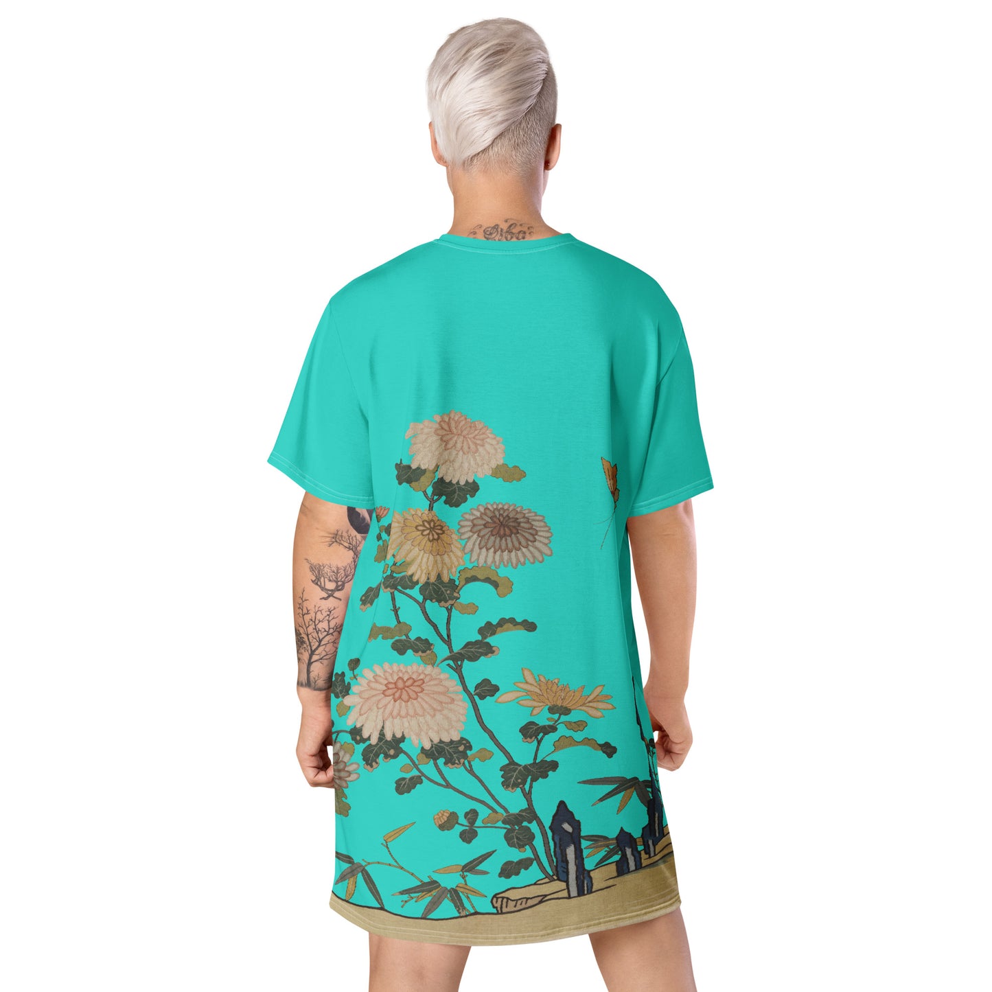 タペストリーの花|Chrysanthemums and Butterflies|T-shirt dress|Turquoise