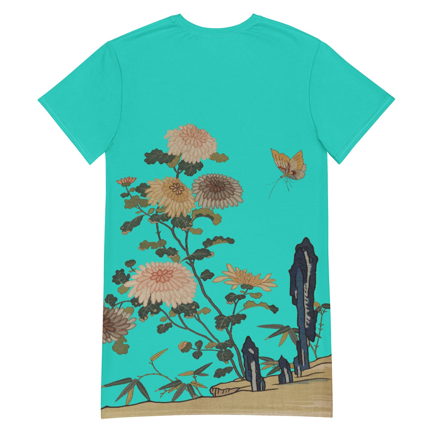 タペストリーの花|Chrysanthemums and Butterflies|T-shirt dress|Turquoise