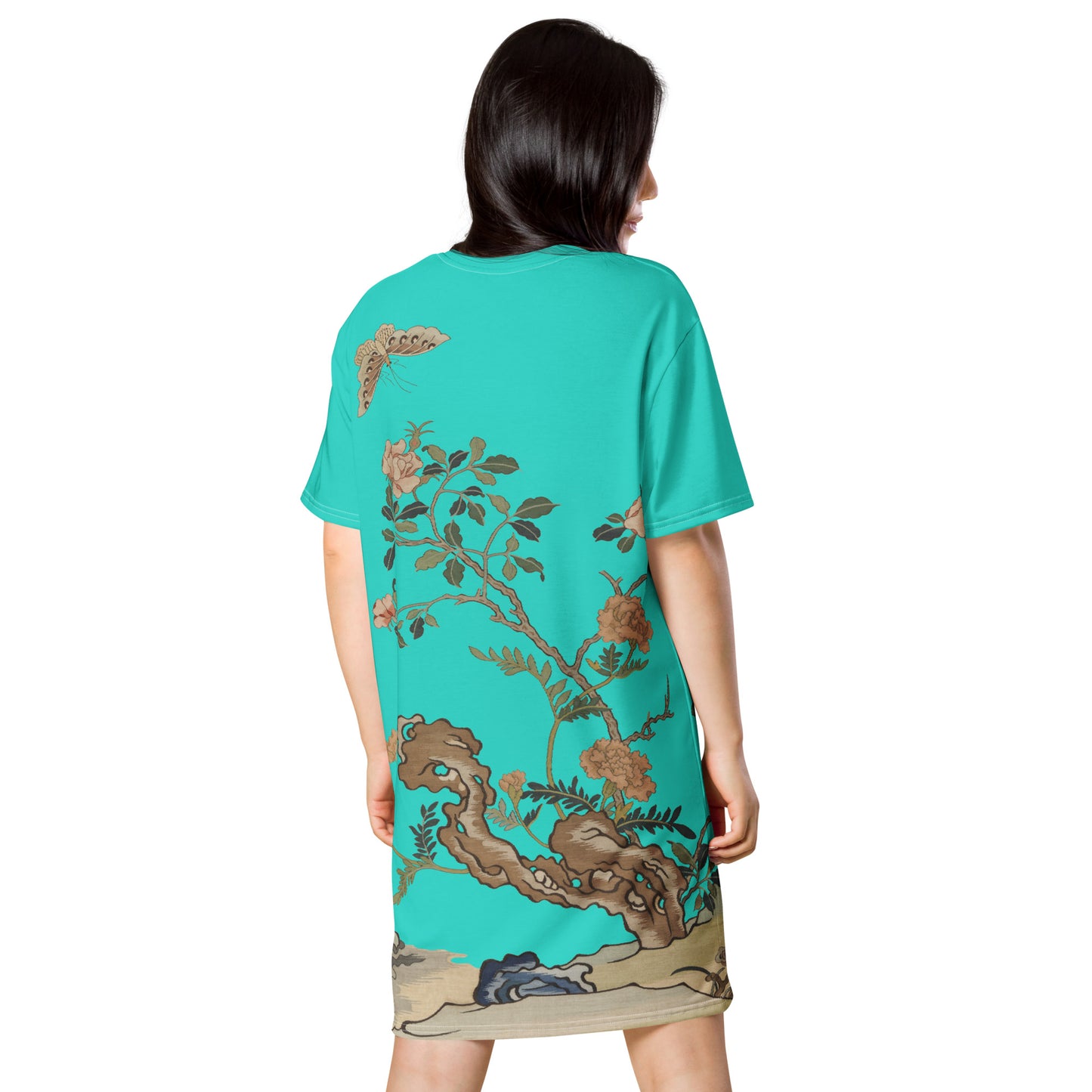 タペストリーの花|Camellia and Butterfly|T-shirt dress|Turquoise